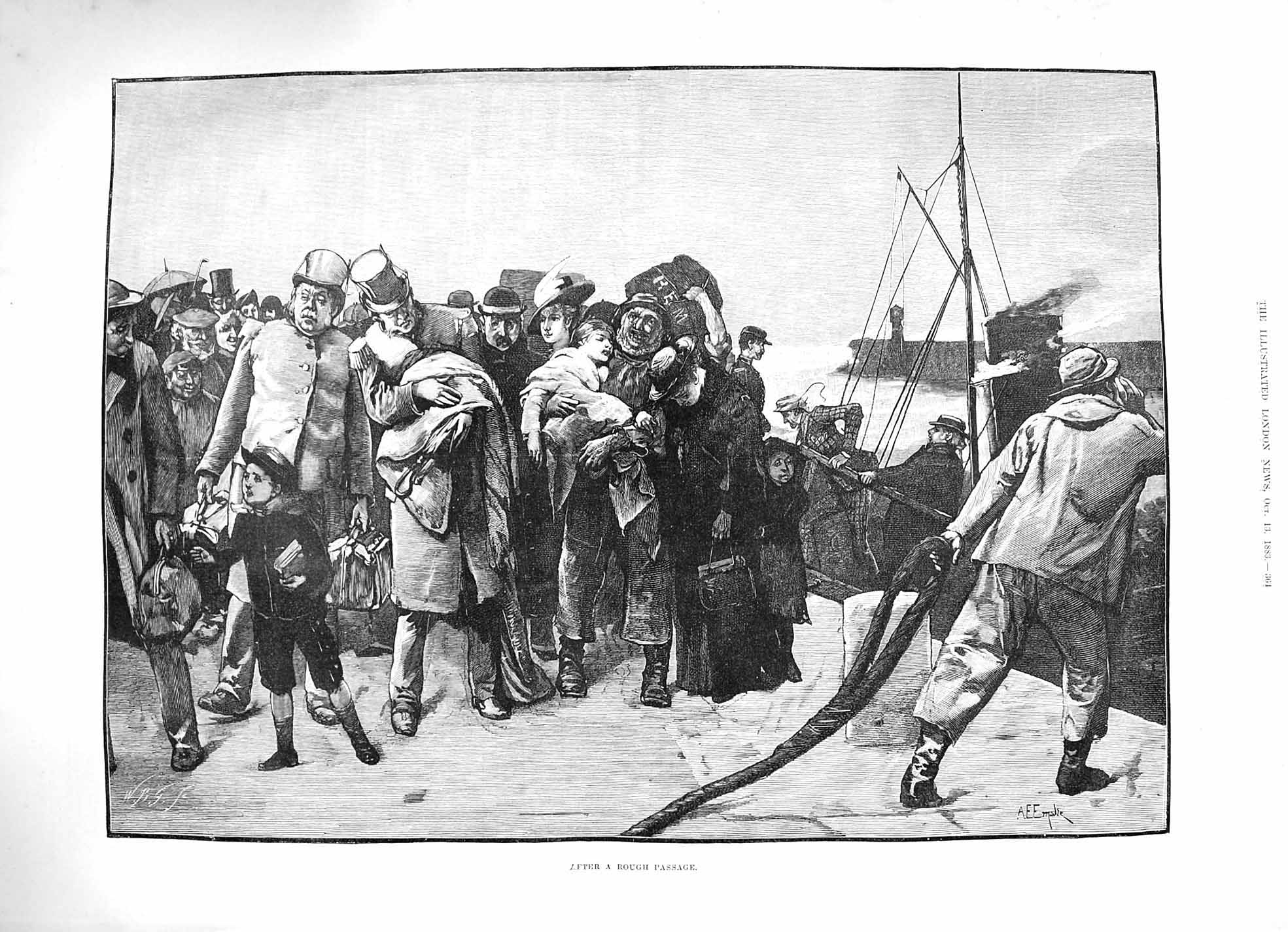 Old Antique Print 1883 After Rough Passage Passenger Ship Dock Fine Art 19th