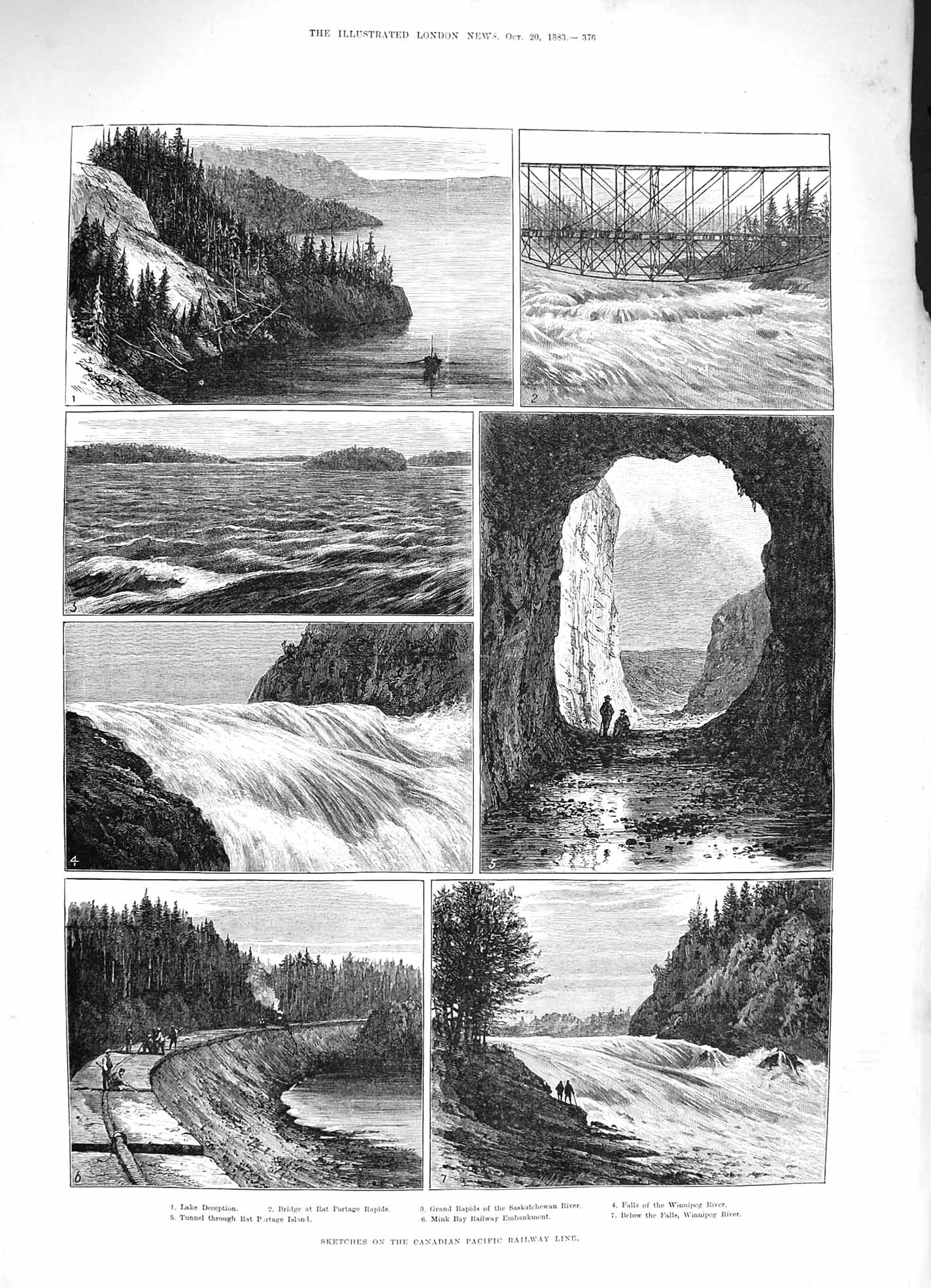 Original Old Antique Print 1883 Candaian Pacific Railway Winnipeg River Portage