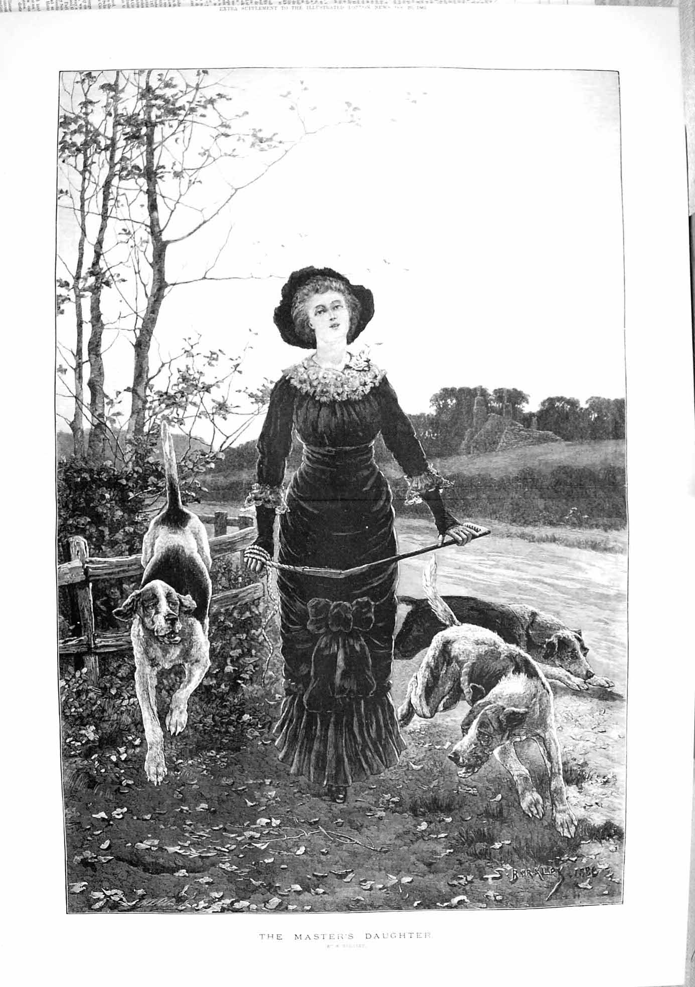 Antique Old Print 1883 Masters Daughter Hunting Dogs Young Woman Fine Art 19th