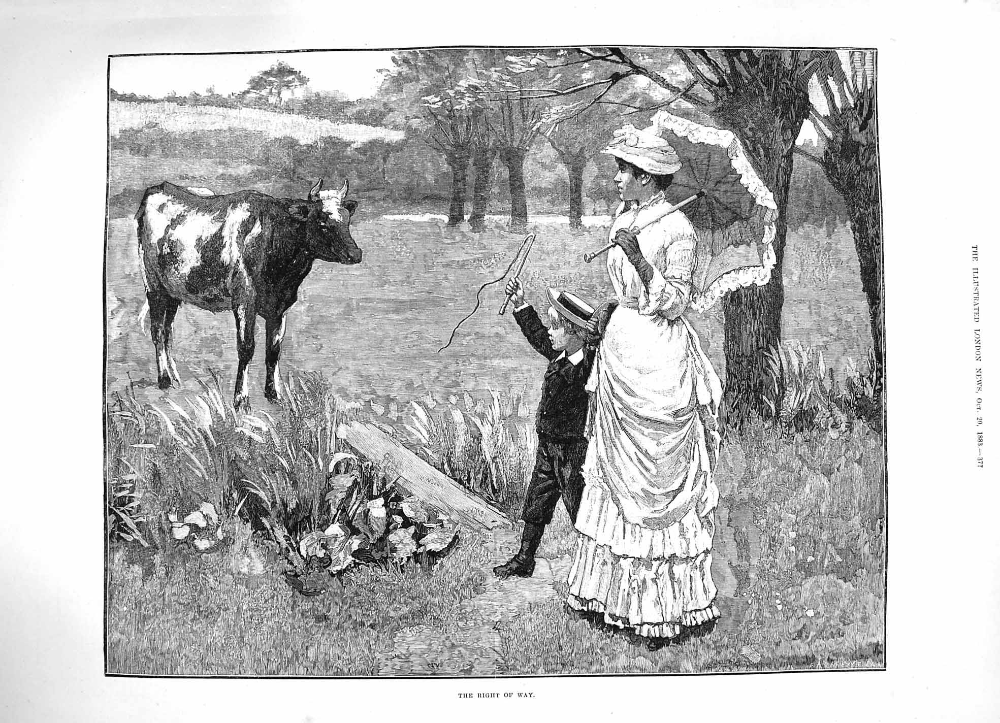 Original Old Antique Print 1883 Right Way Bull Field Mother Young Boy Country