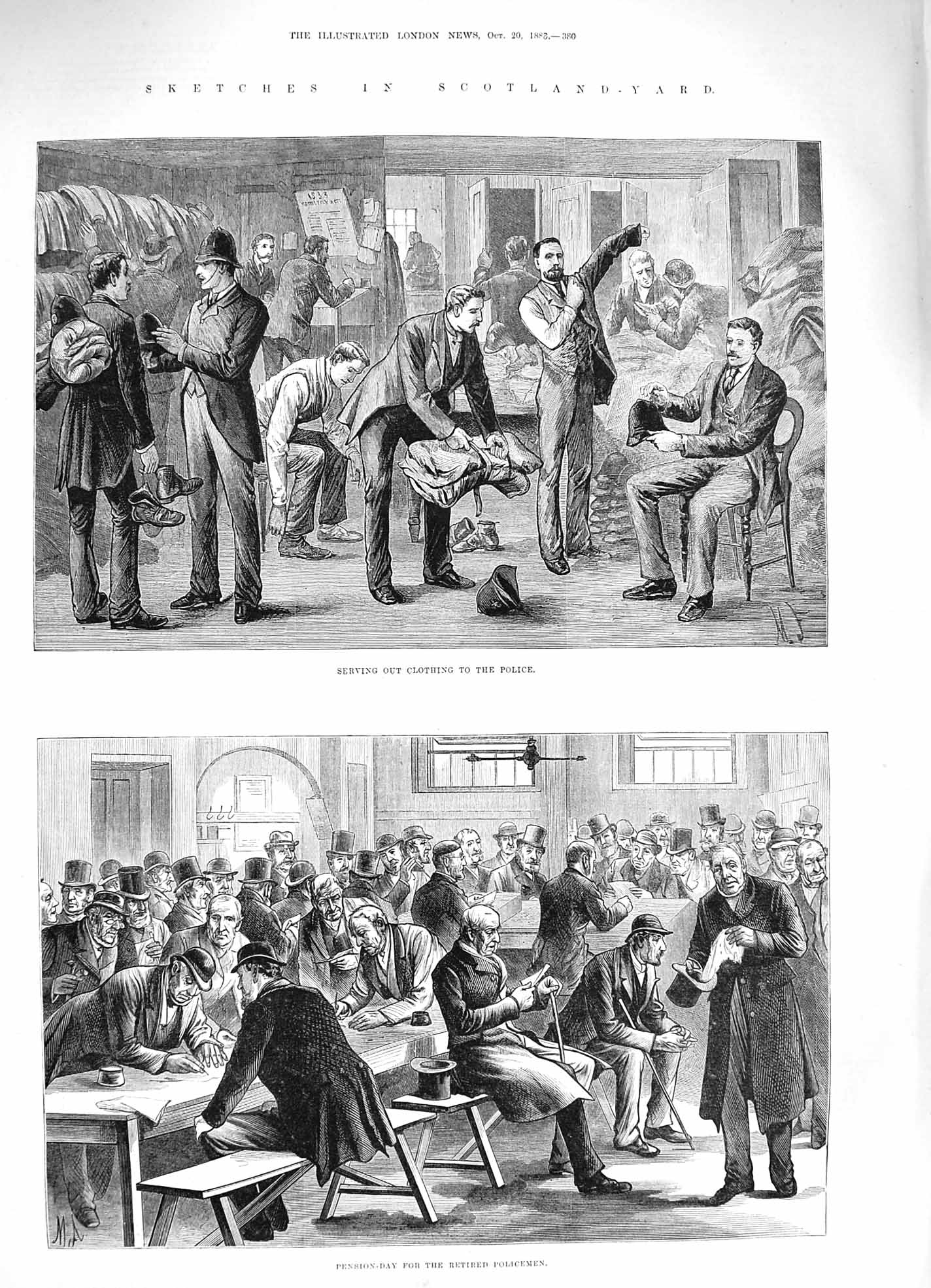 Original Old Antique Print 1883 Scotland Yard Pension-Day Retired Police C 19th