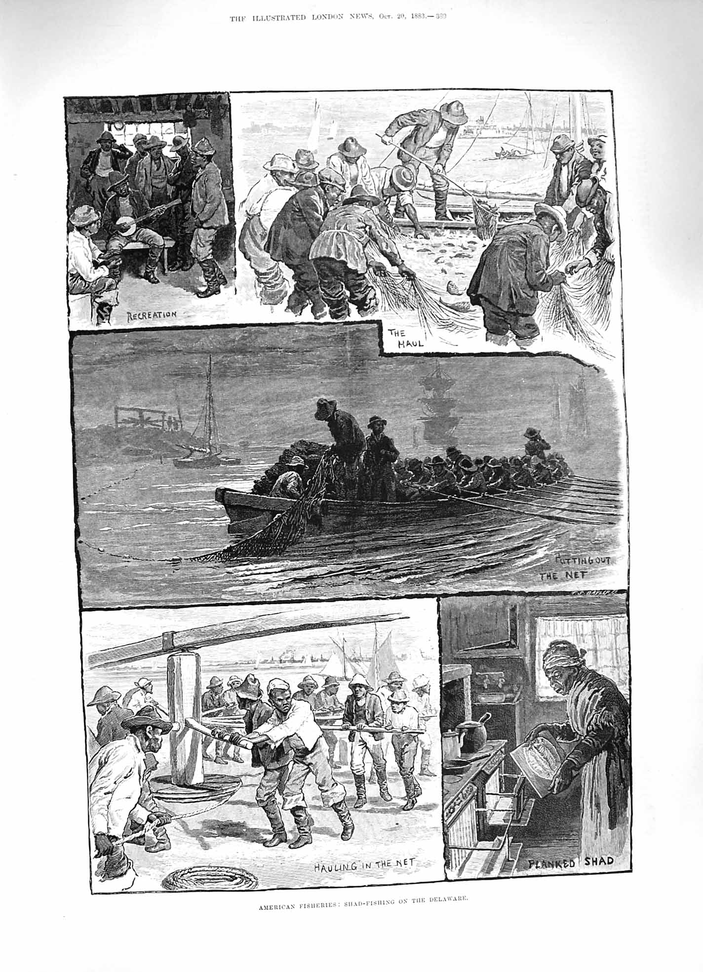 Original Old Antique Print 1883 American Fisheries Shad-Fishing Delaware Boats