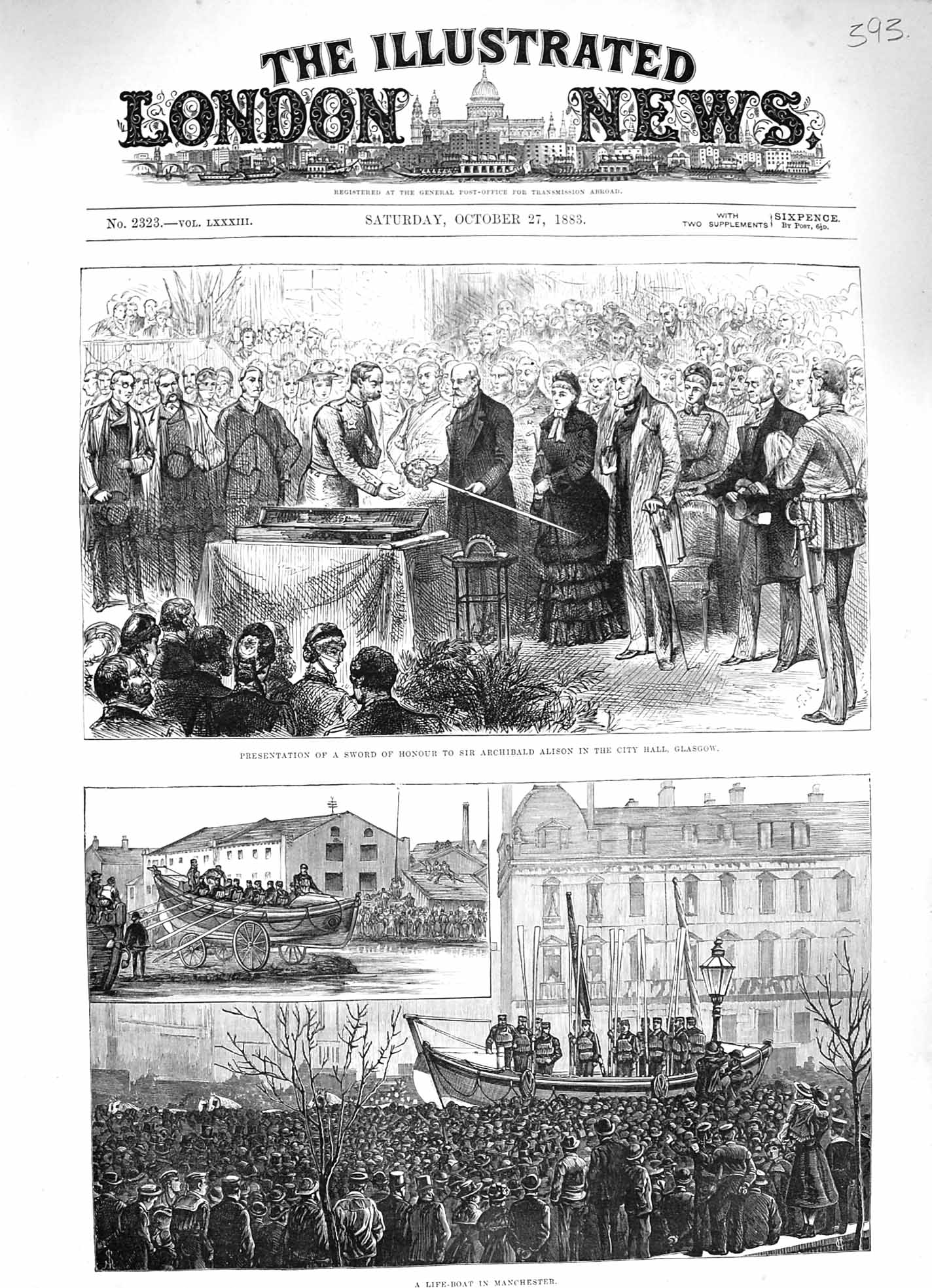 Old Antique Print 1883Life-Boat Manchester Sword Archibald Alison Glasgow 19th