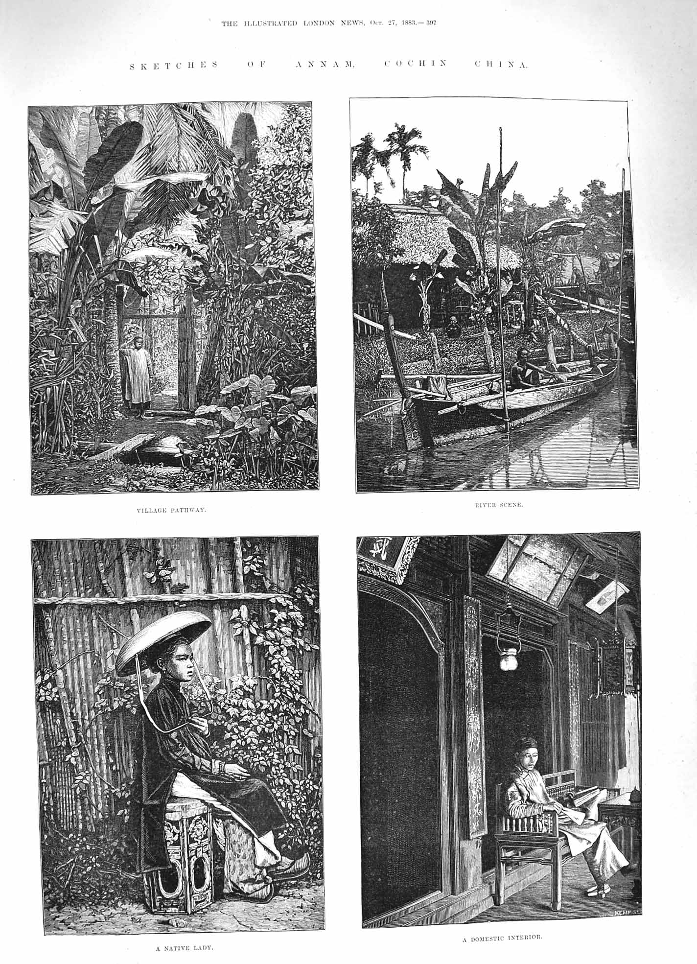 Old Antique Print 1883 Annam Cochin China Native Lady Pathway River Scene 19th