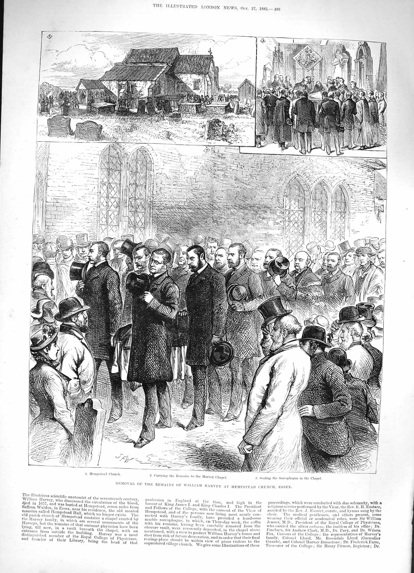 Antique Print *3357 1883 Body William Harvey Hempstead Church Essex Chapel