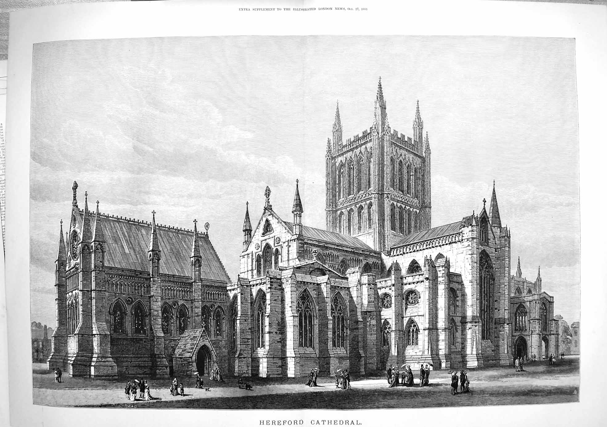 Original Old Antique Print 1883 Exterior Hereford Cathedral Architecture Read