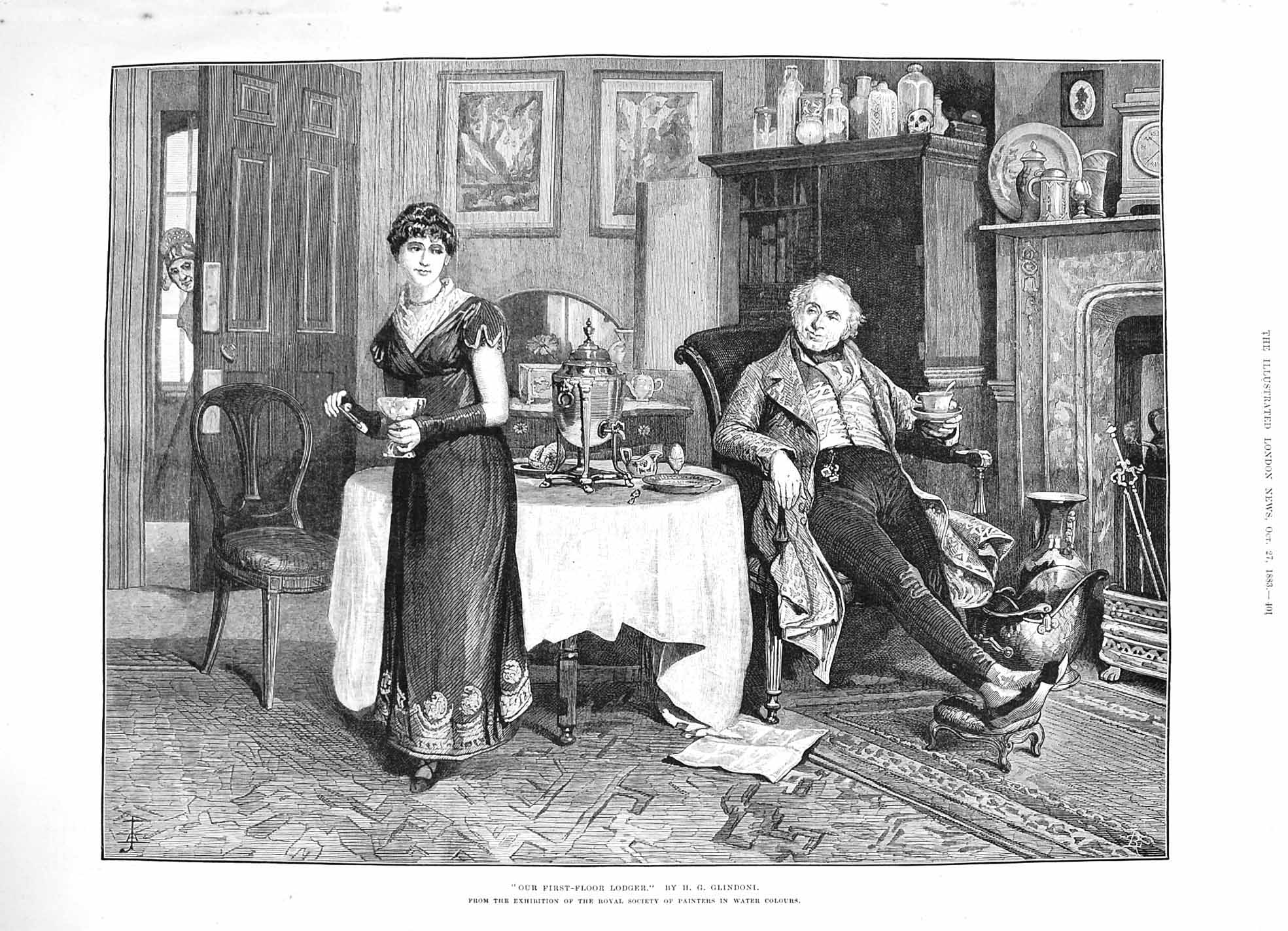 Original Old Antique Print 1883 First-Floor Lodger Servant Lady Man T Victorian