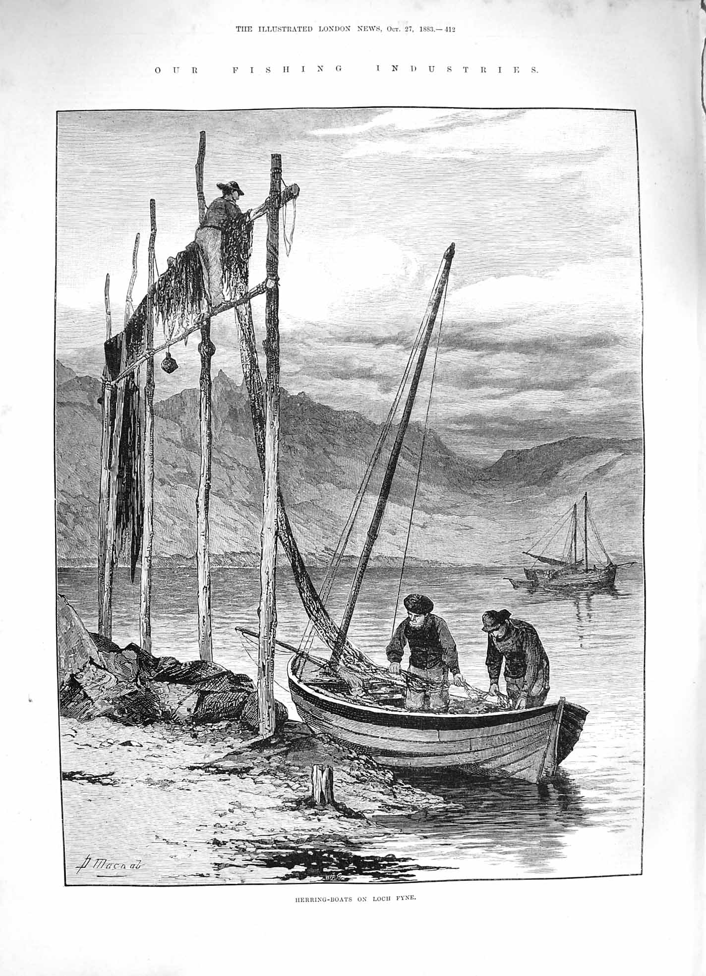 Old Antique Print 1883 Fishing Industry Herring-Boats Loch Fyne Scotland 19th