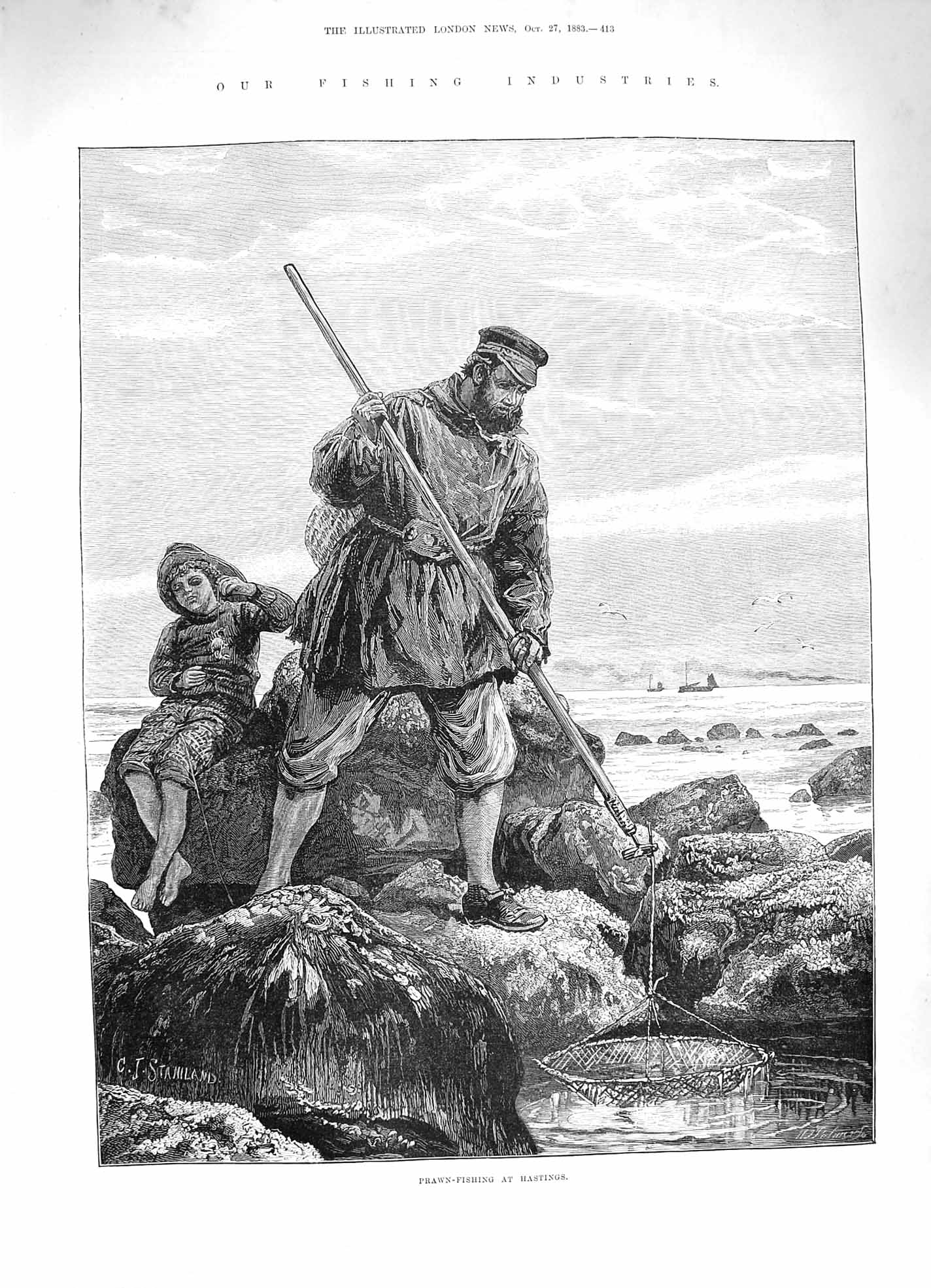 Original Old Antique Print 1883 Fishing Industry Prawn-Fishing Hastings Net Sea