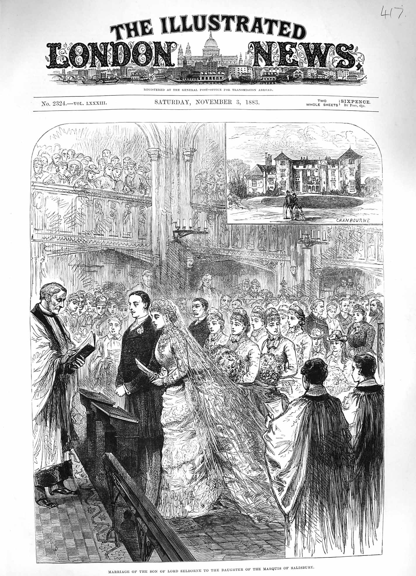 Original Old Antique Print 1883 Wedding Son Lord Selborne Daughter Salisbury