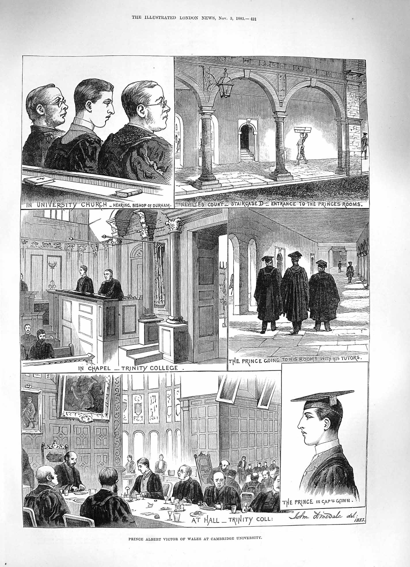 Original Old Antique Print 1883 Prince Albert Victor Wales Cambridge University