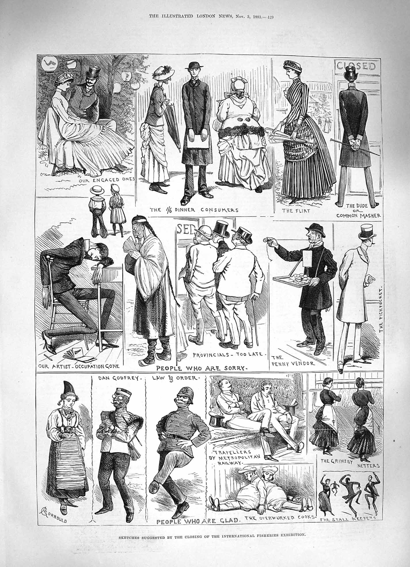 Old Antique Print 1883 International Fisheries Exhibition Police Vendor 19th