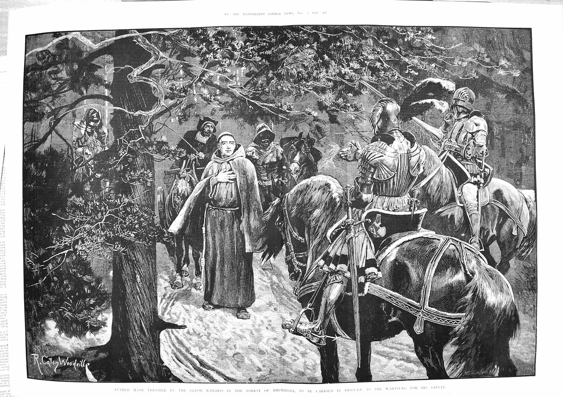 Original Old Antique Print 1883 Luther Prisoner Saxon Knights Forest Thuringia