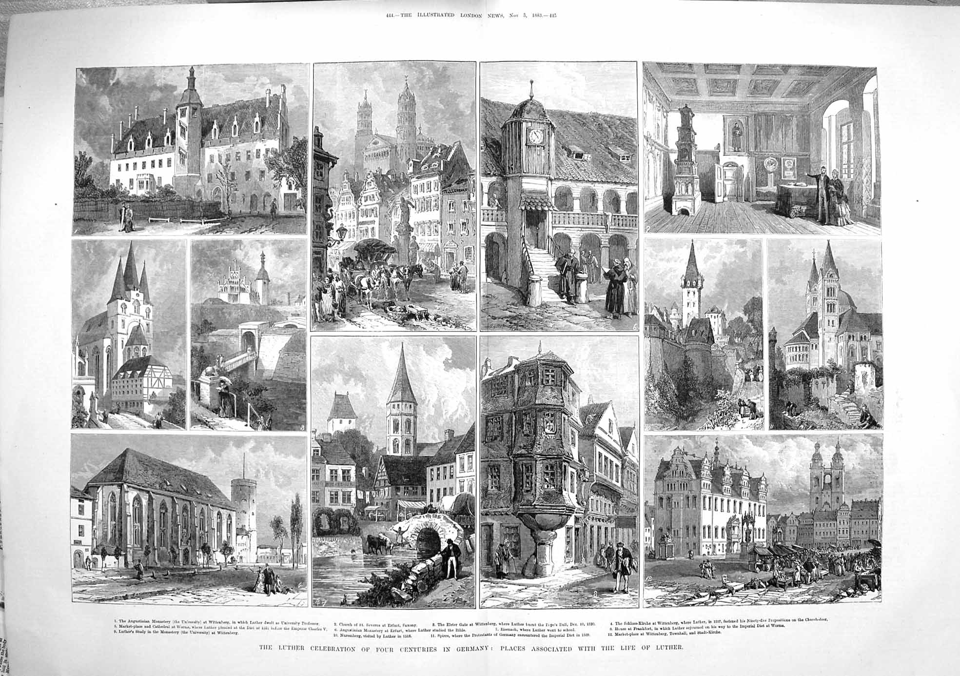 Old Antique Print 1883 Martin Luther Germany Schloss-Kirche Wittenberg 19th
