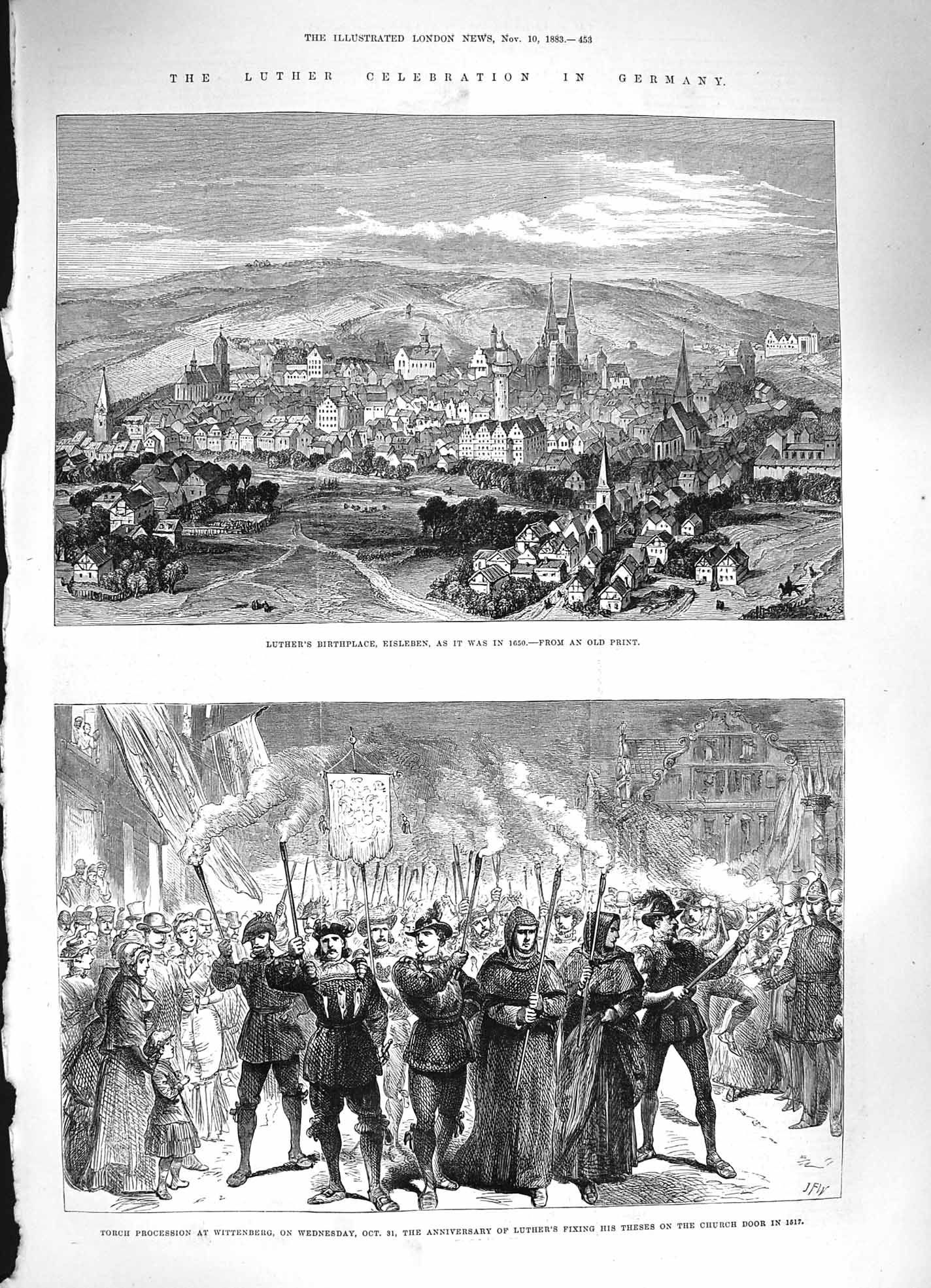 Original Old Antique Print 1883 Luther Germany Eisleben Torch Wittenberg Church