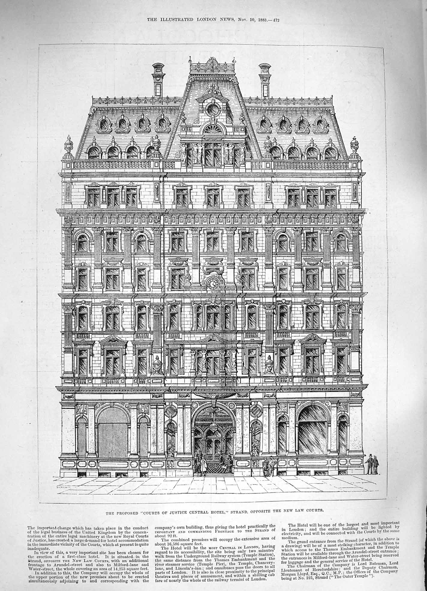 Old Antique Print 1883 Proposed Law Courts Justice Central Hotel Strand 19th