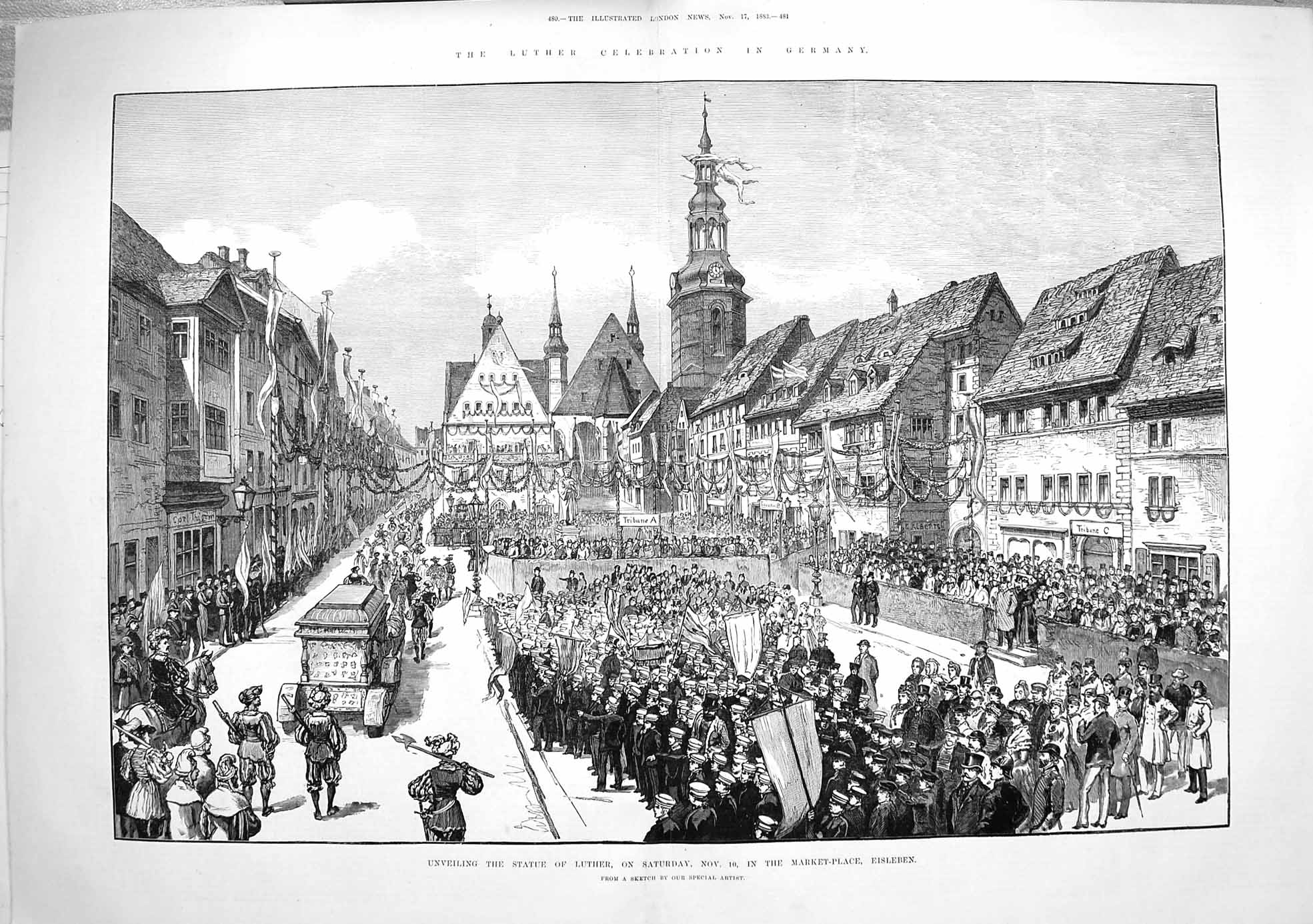Original Old Antique Print 1883 Unveiling Statue Luther Market Place Eisleben
