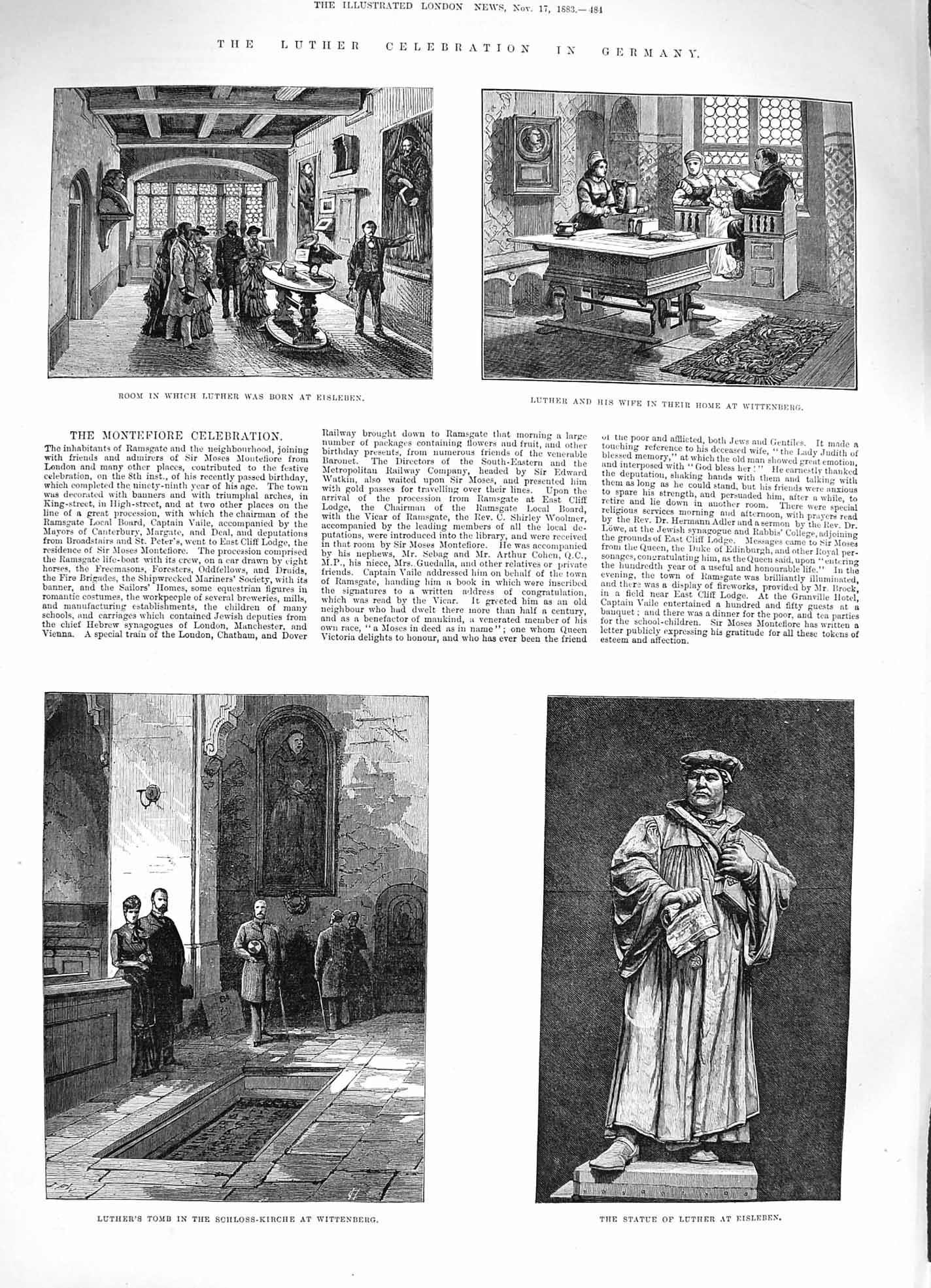 Original Old Antique Print 1883 Luther Germany Statue Eisleben Wittenberg Tomb
