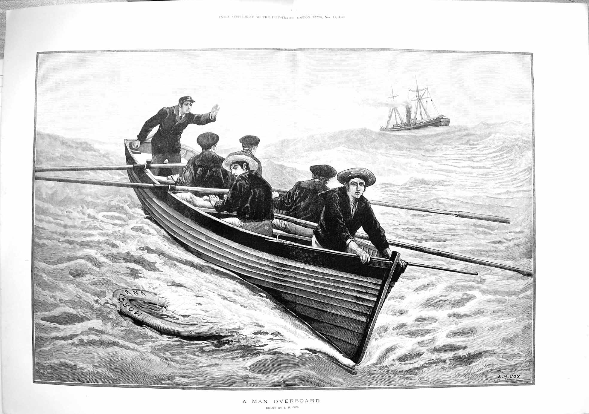 Old Antique Print 1883 Man Overboard Life-Boat Ship Stormy Sea Fine Art 19th
