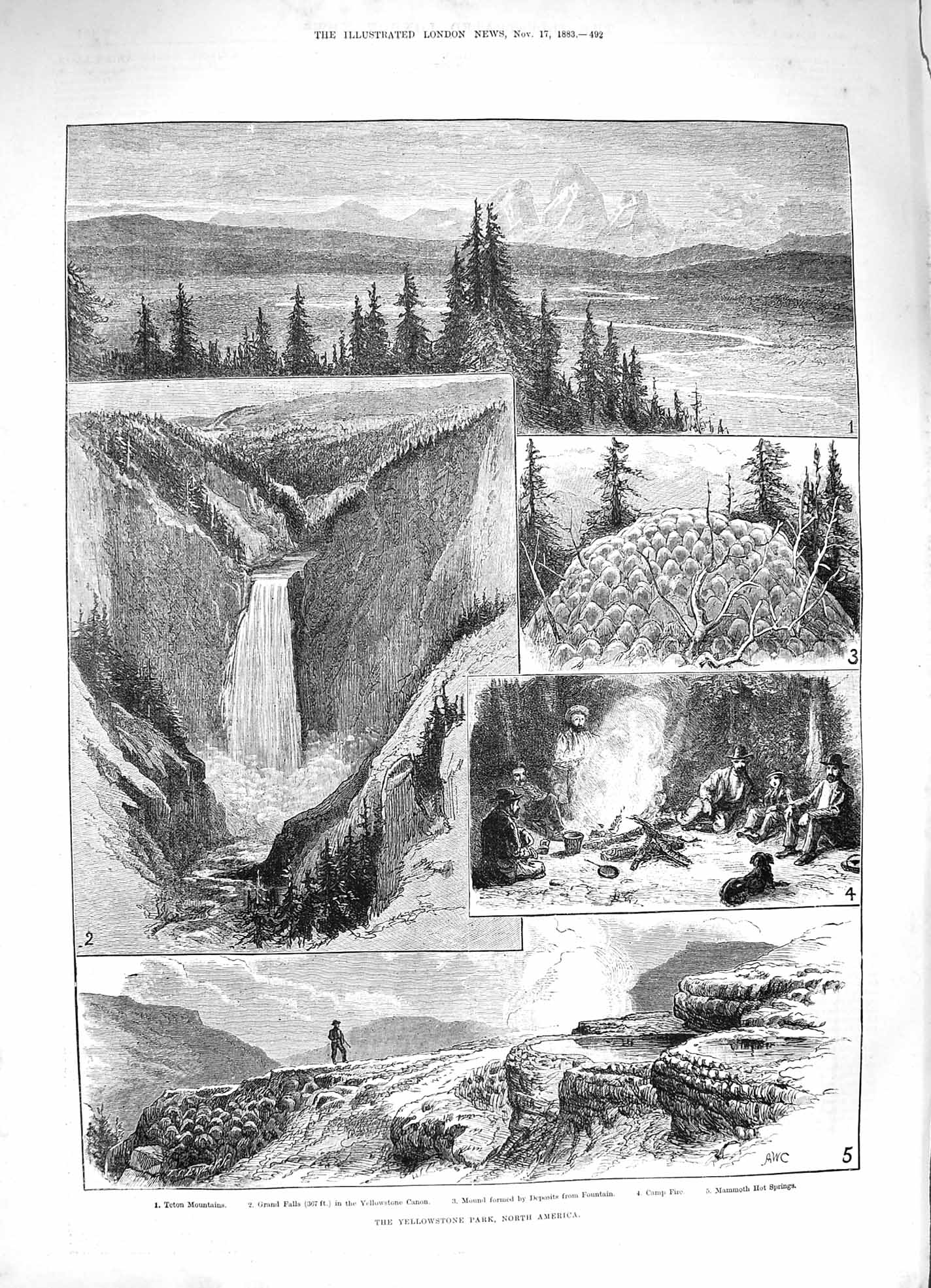 Old Antique Print 1883 Yellowstone Park America Teton Hot Springs Falls 19th