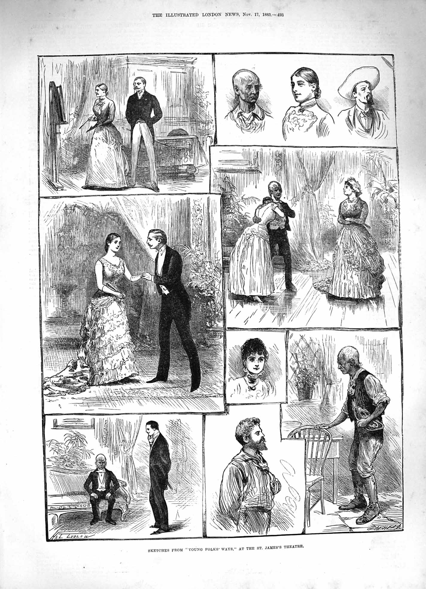 Old Antique Print 1883 Scene Young Folk'S Ways St. James'S Theatre Actors 19th