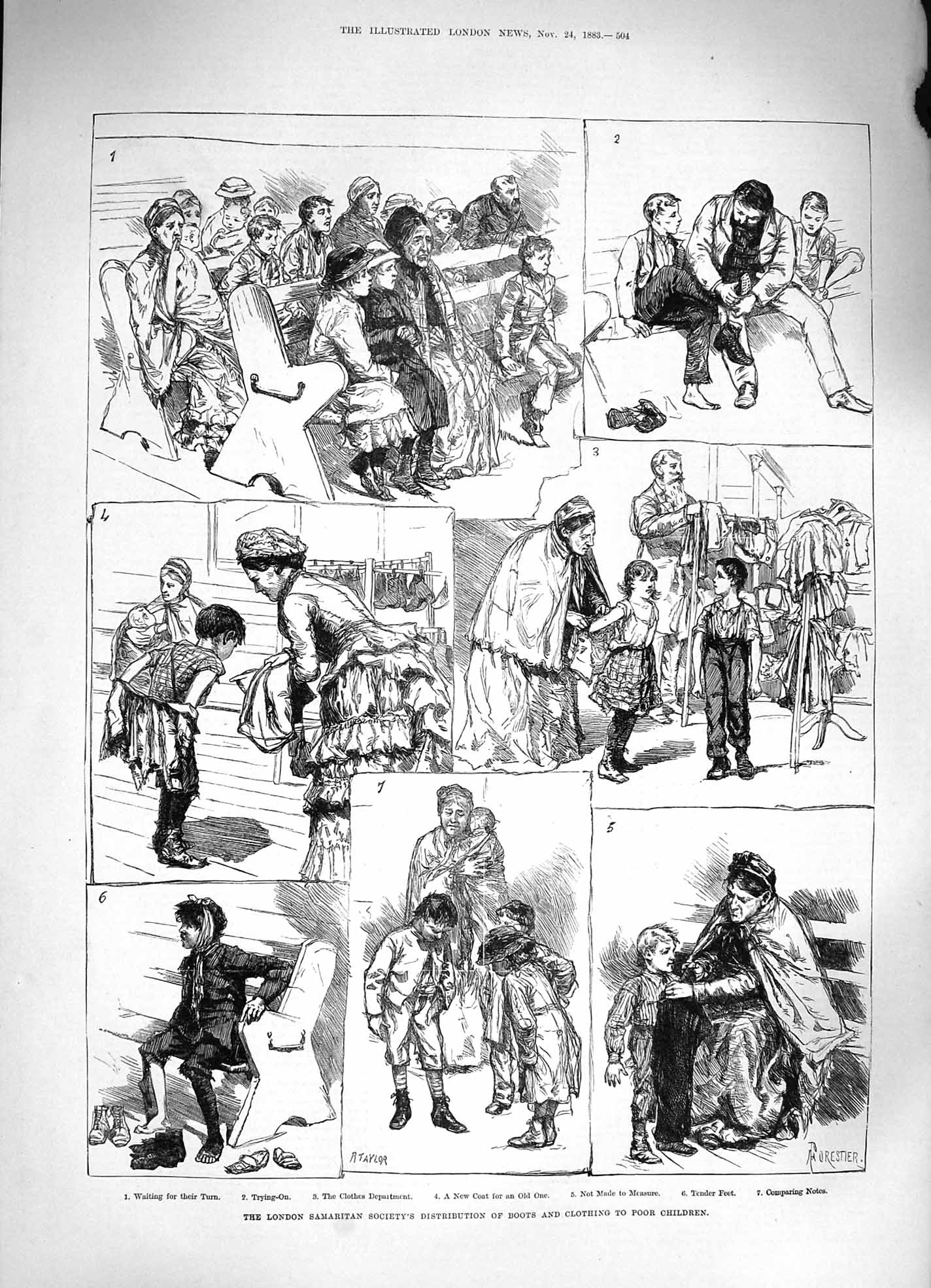 Old Antique Print 1883 London Samaritan Distribution Boots Clothing Poor 19th