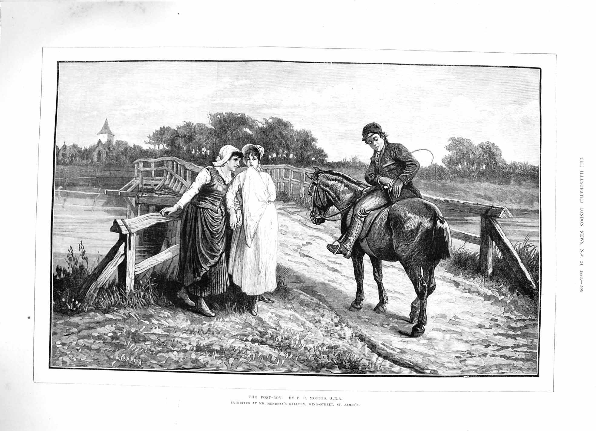 Original Old Antique Print 1883 Post Boy Letters Mail Horse Ladies River Bridge