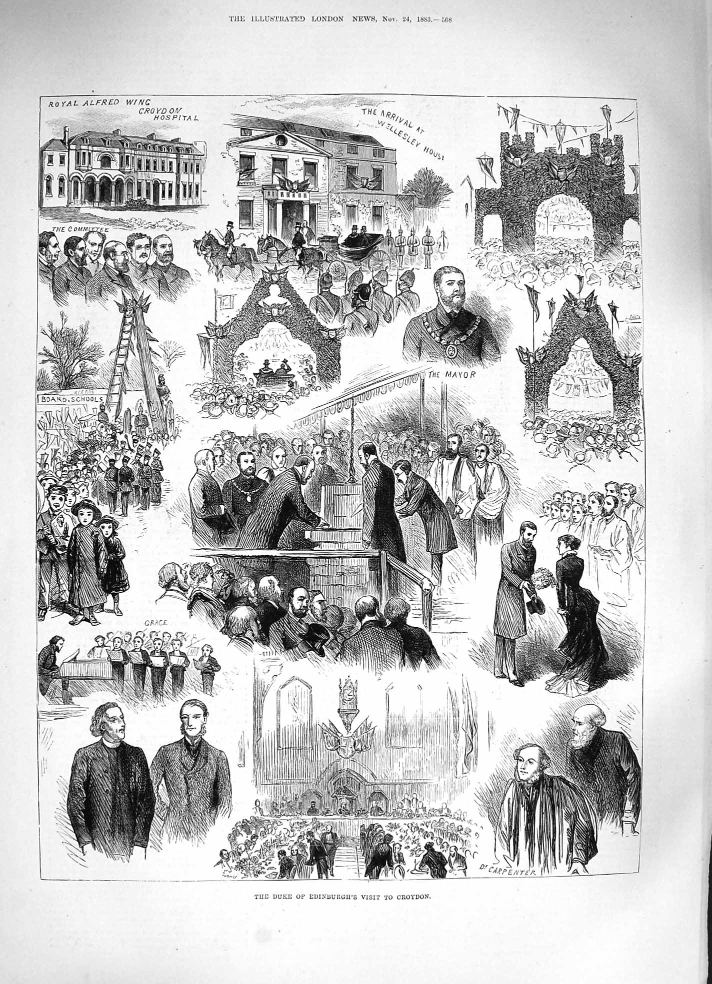 Original Old Antique Print 1883 Duke Edinburgh Croydon Dr. Carpenter Wellesley