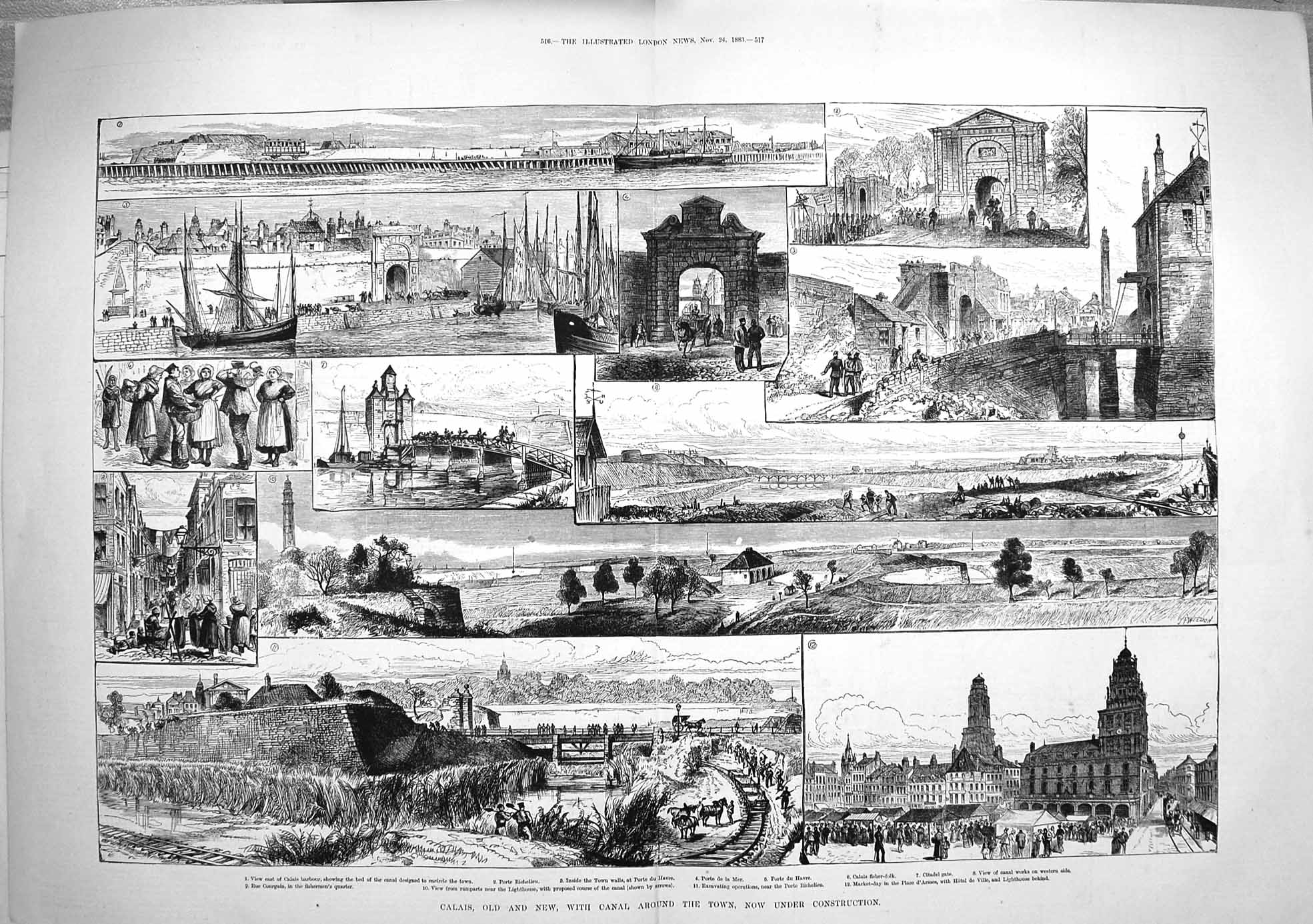 Old Antique Print 1883 Calias Canal France Harbour Fish Market Richelieu 19th