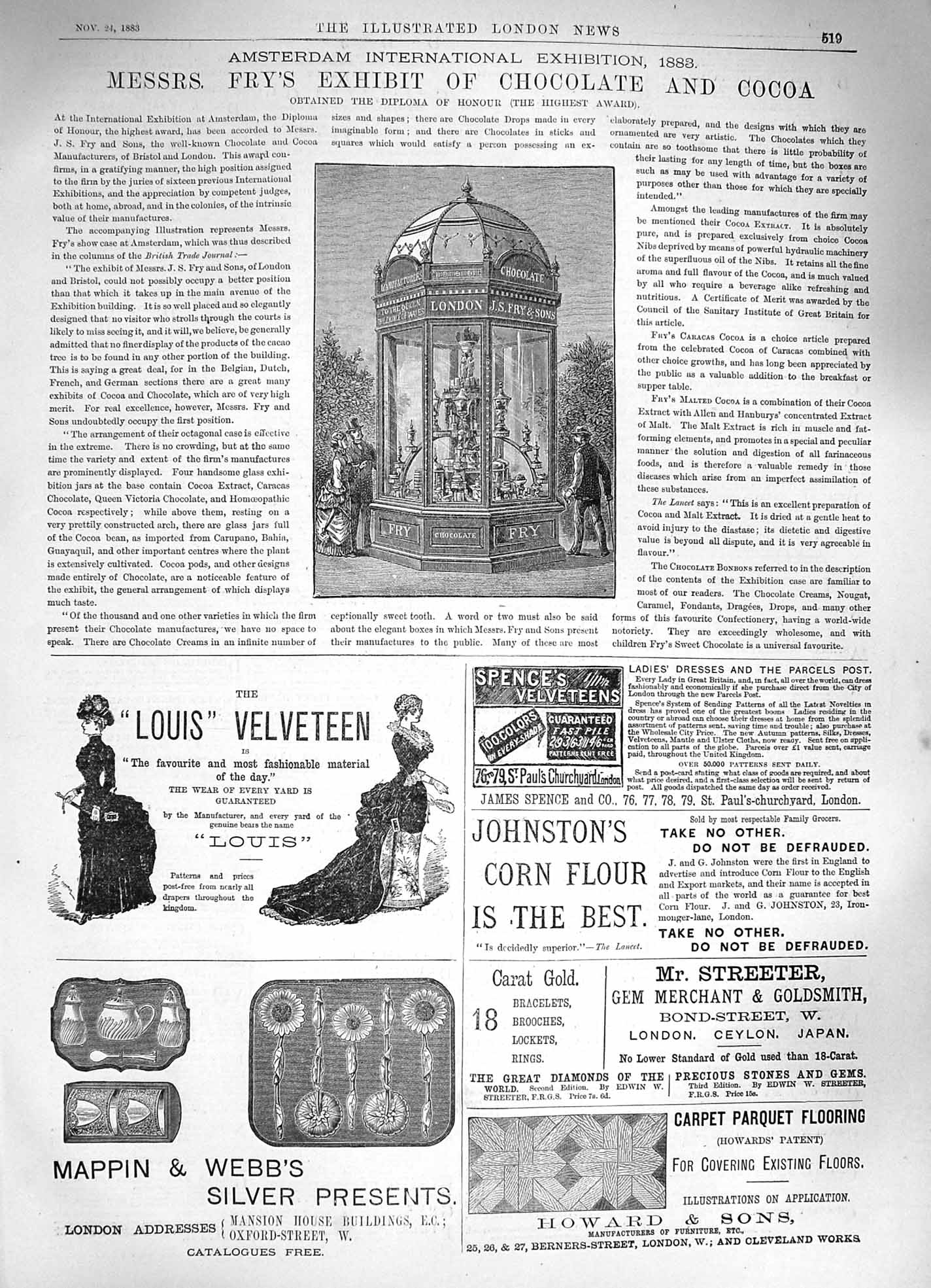 Original Old Antique Print 1883 Fry Chocolate Cocoa Louis Velveteen Mappin Webb