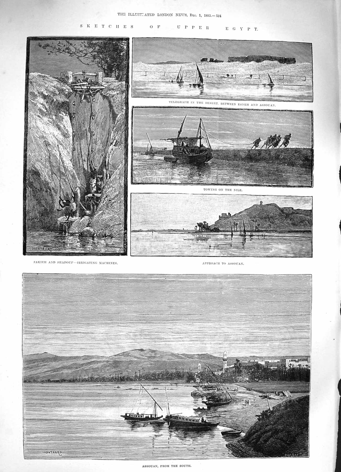 Original Old Antique Print 1883 Egypt Assouan Sakieh Shadouf Telegraph Desert