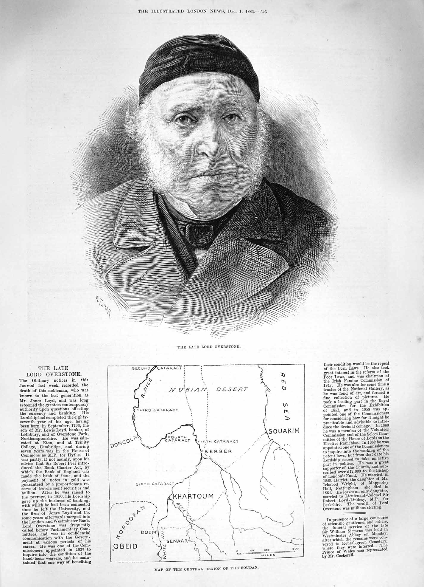 Old Antique Print 1883 Portrait Lord Overstone Map Central Region Soudan 19th