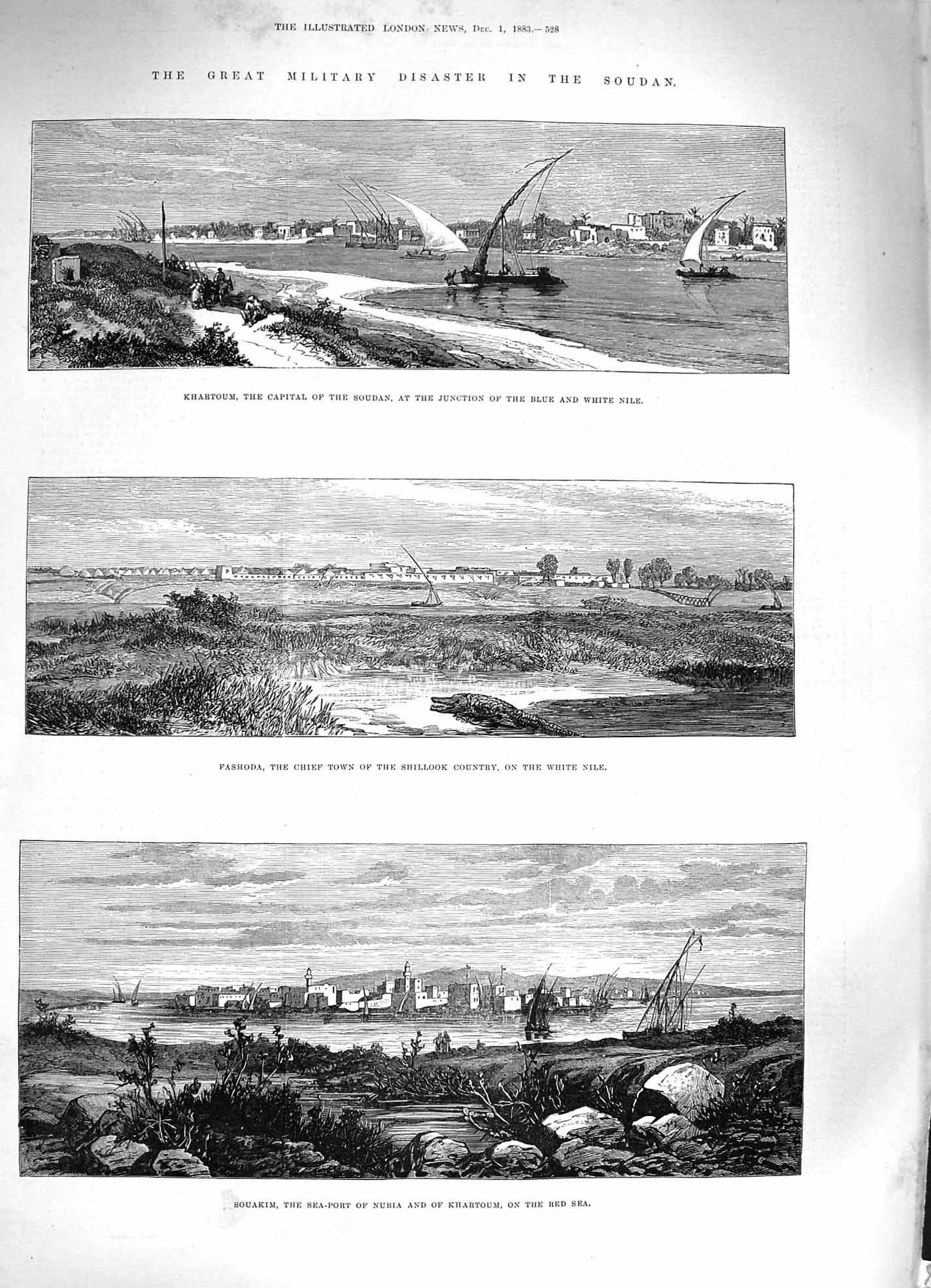 Original Old Antique Print 1883 Soudan Khartoum Fashoda Shillook Nile Souakim