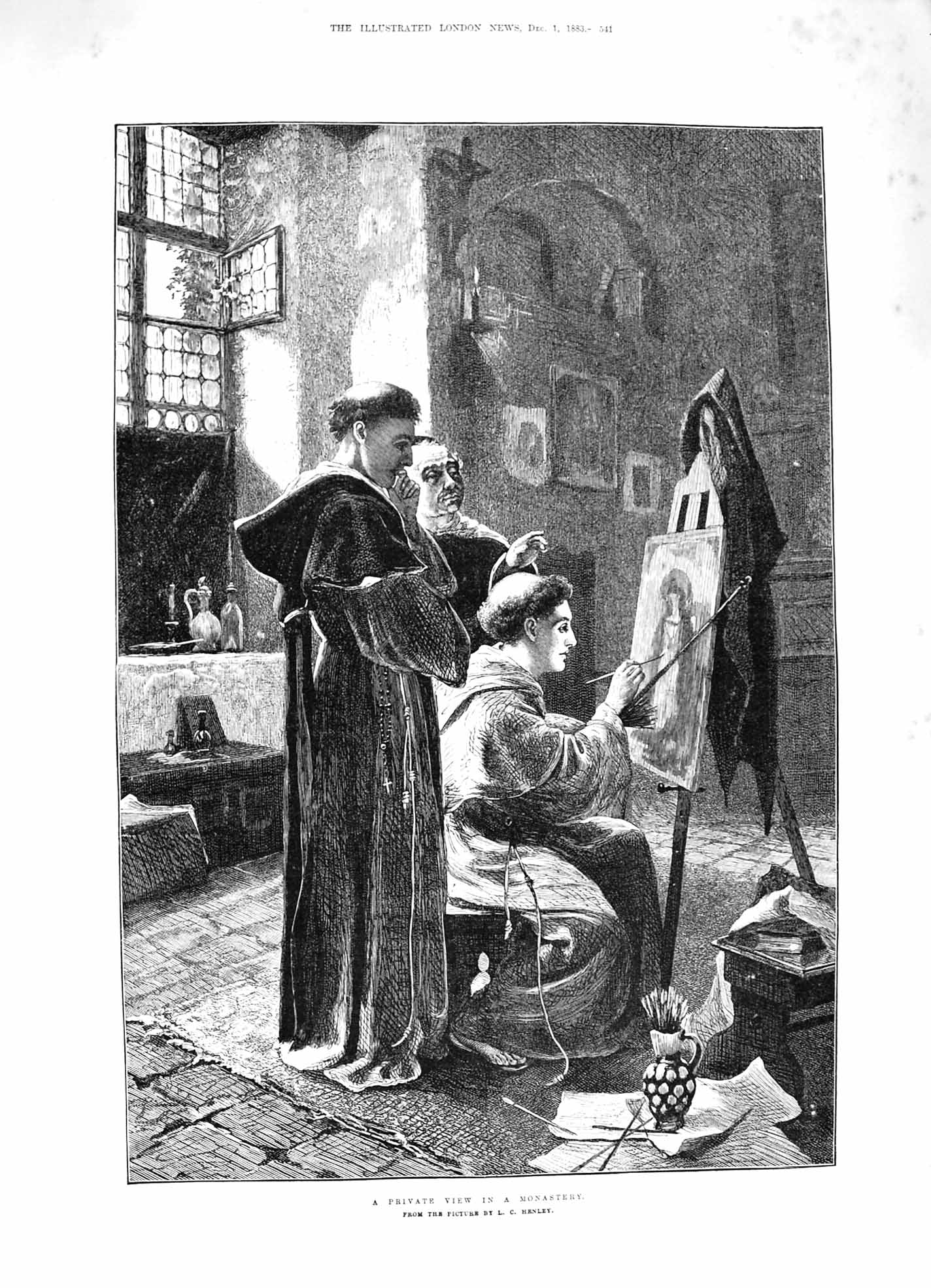 Old Antique Print 1883 Private View Monastery Monks Art Painting Fine Art 19th
