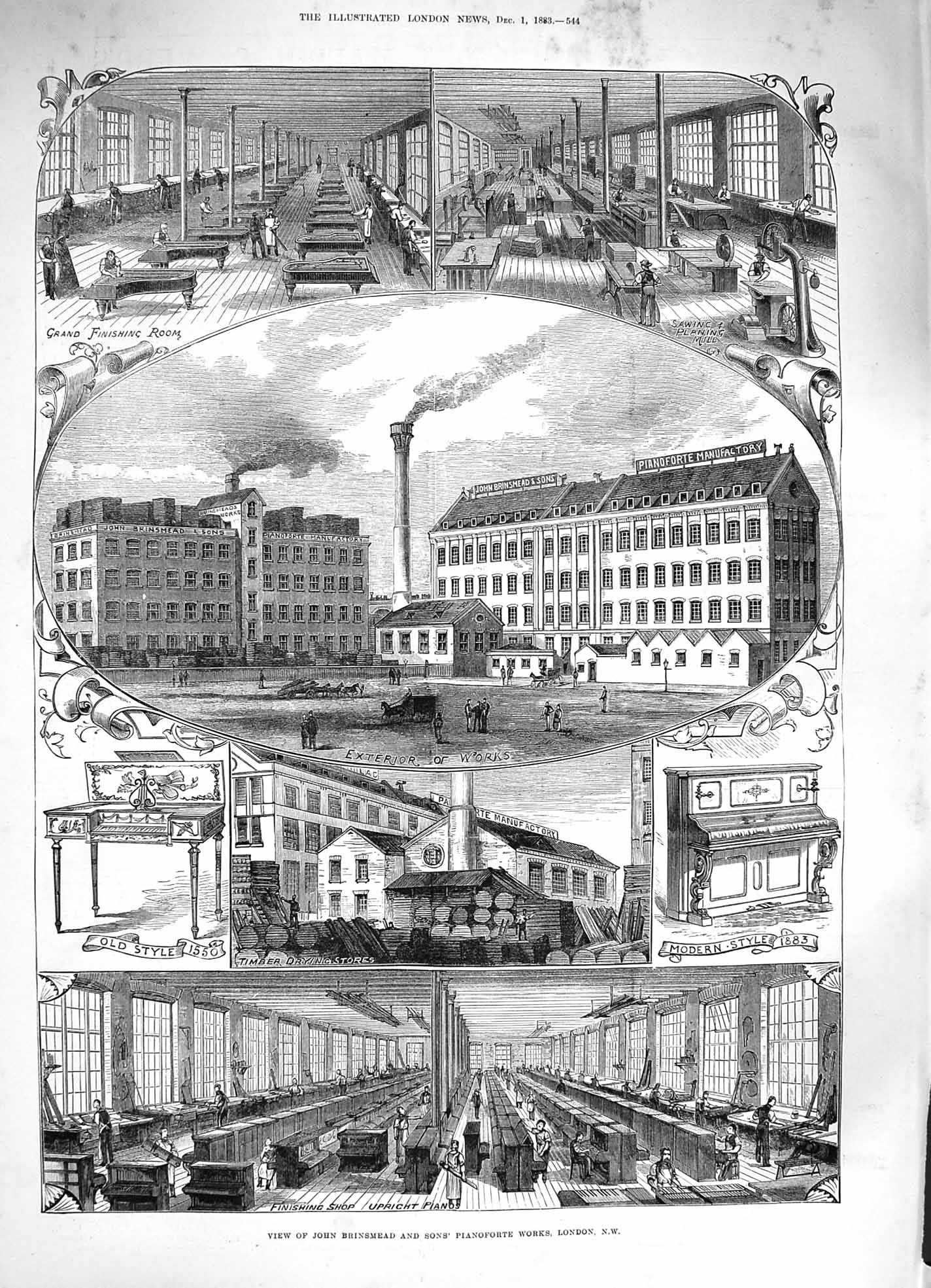 Original Old Antique Print 1883 John Brinsmead Sons Pianoforte Works Victorian