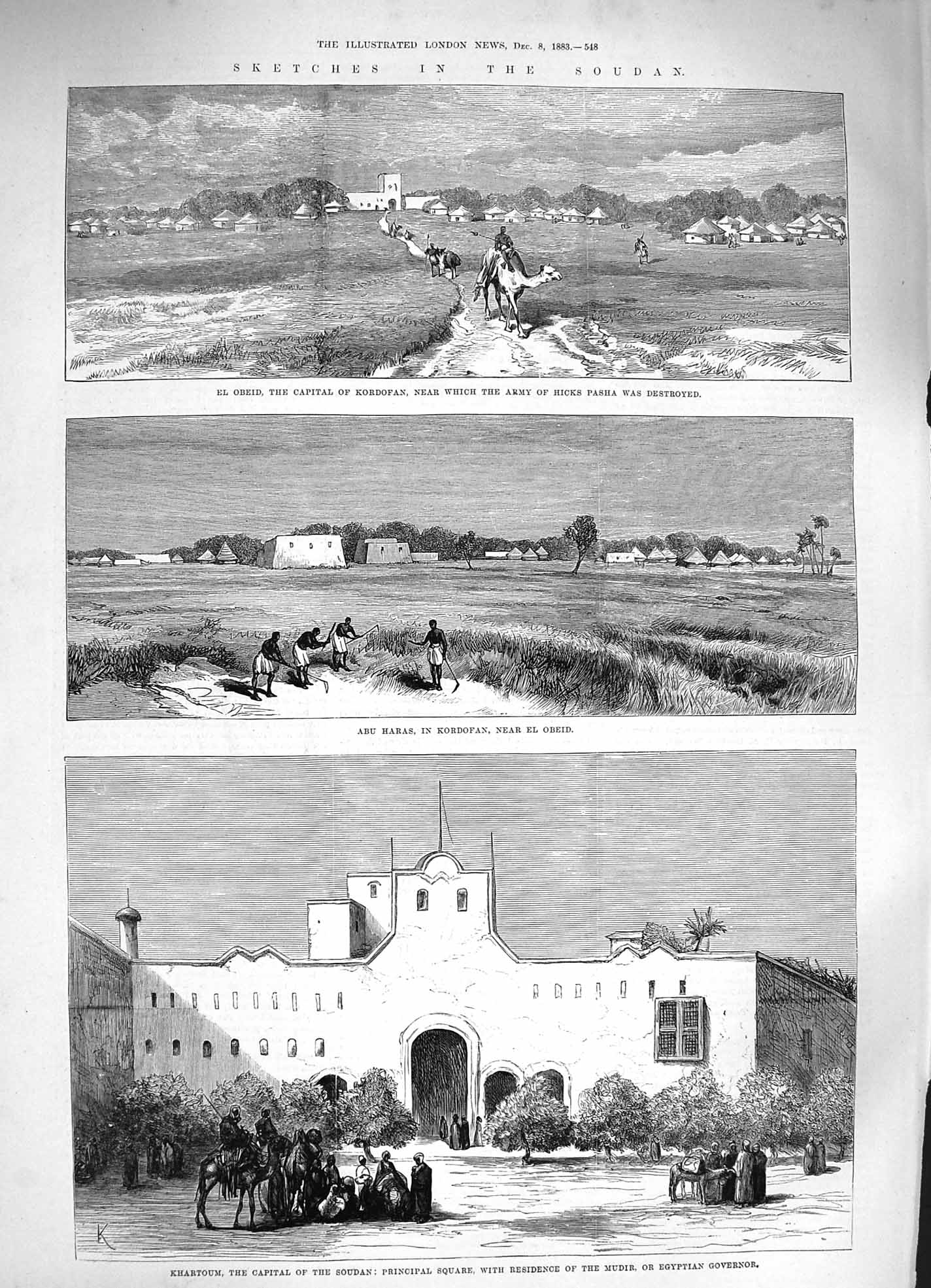 Old Antique Print 1883 Soudan El Obeid Kordofan Abu Haras Khartoum Mudir 19th
