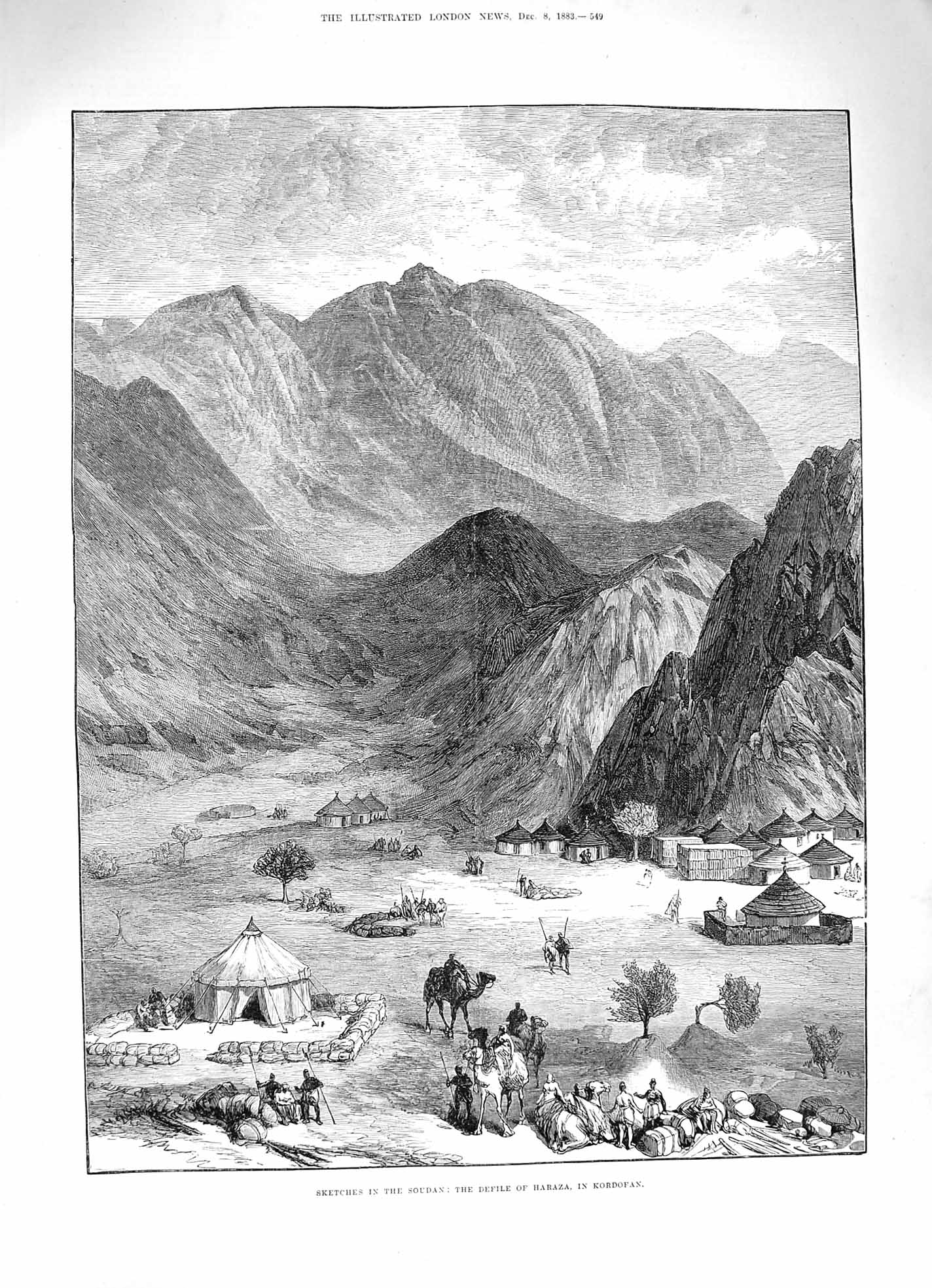 Original Old Antique Print 1883 Soudan Defile Camels Haraza Kordofan Mountains