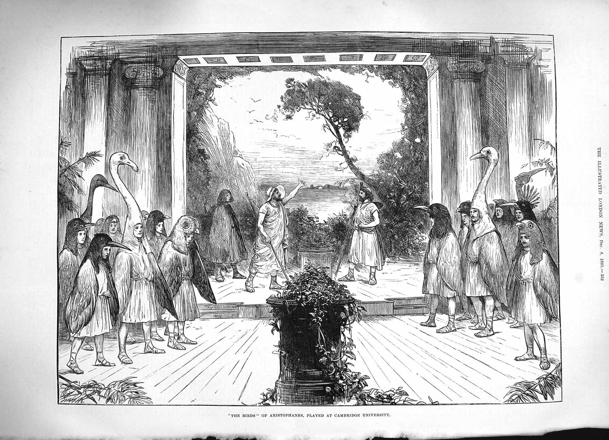 Original Old Antique Print 1883 Birds Aristophanes Cambridge University Actors
