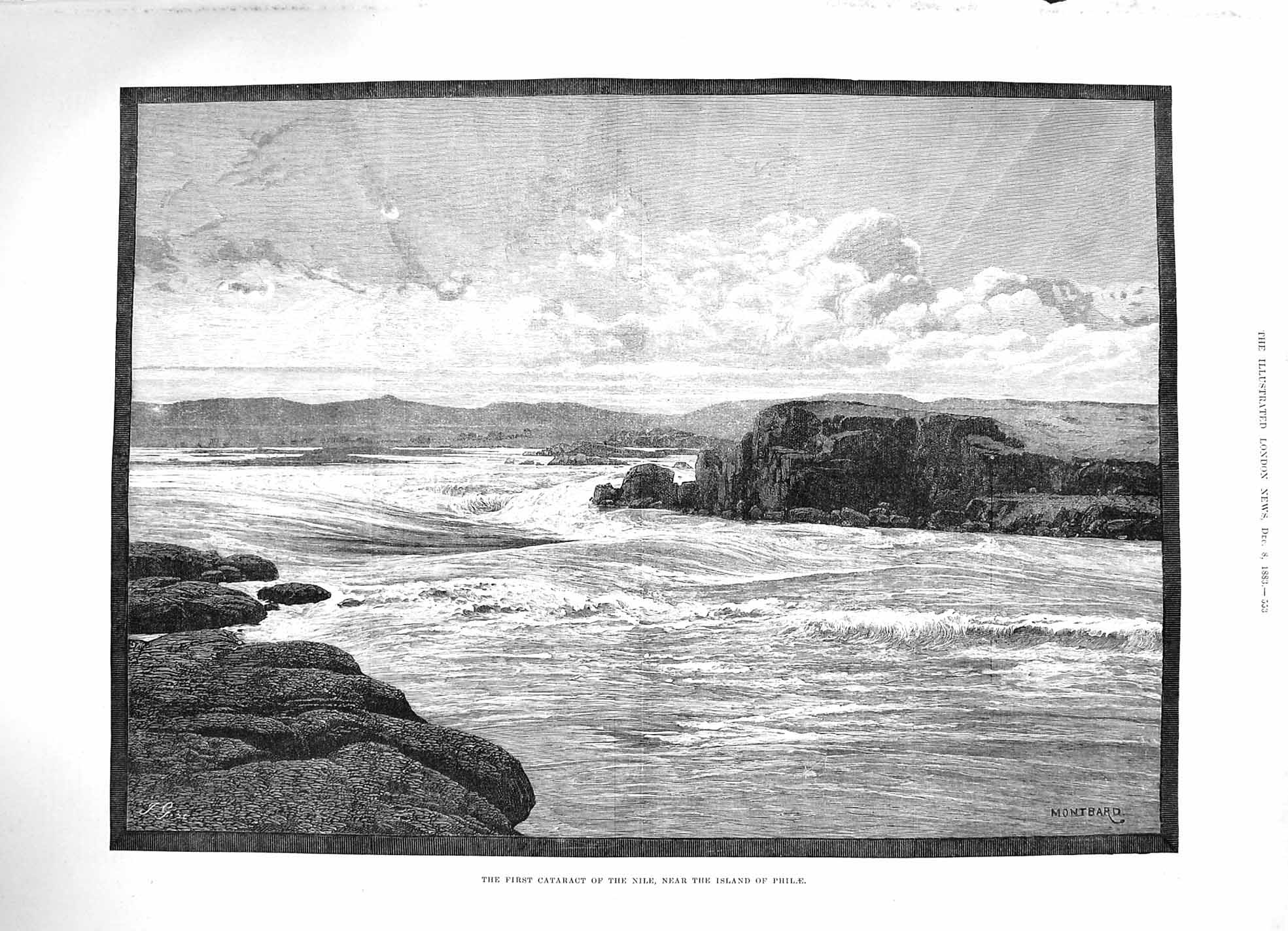 Original Old Antique Print 1883 First Cataract Nile Island Philae Mountains