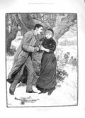 Old Antique Print 1883 Striking Match Man Smoking Pipe Romance Fine Art 19th