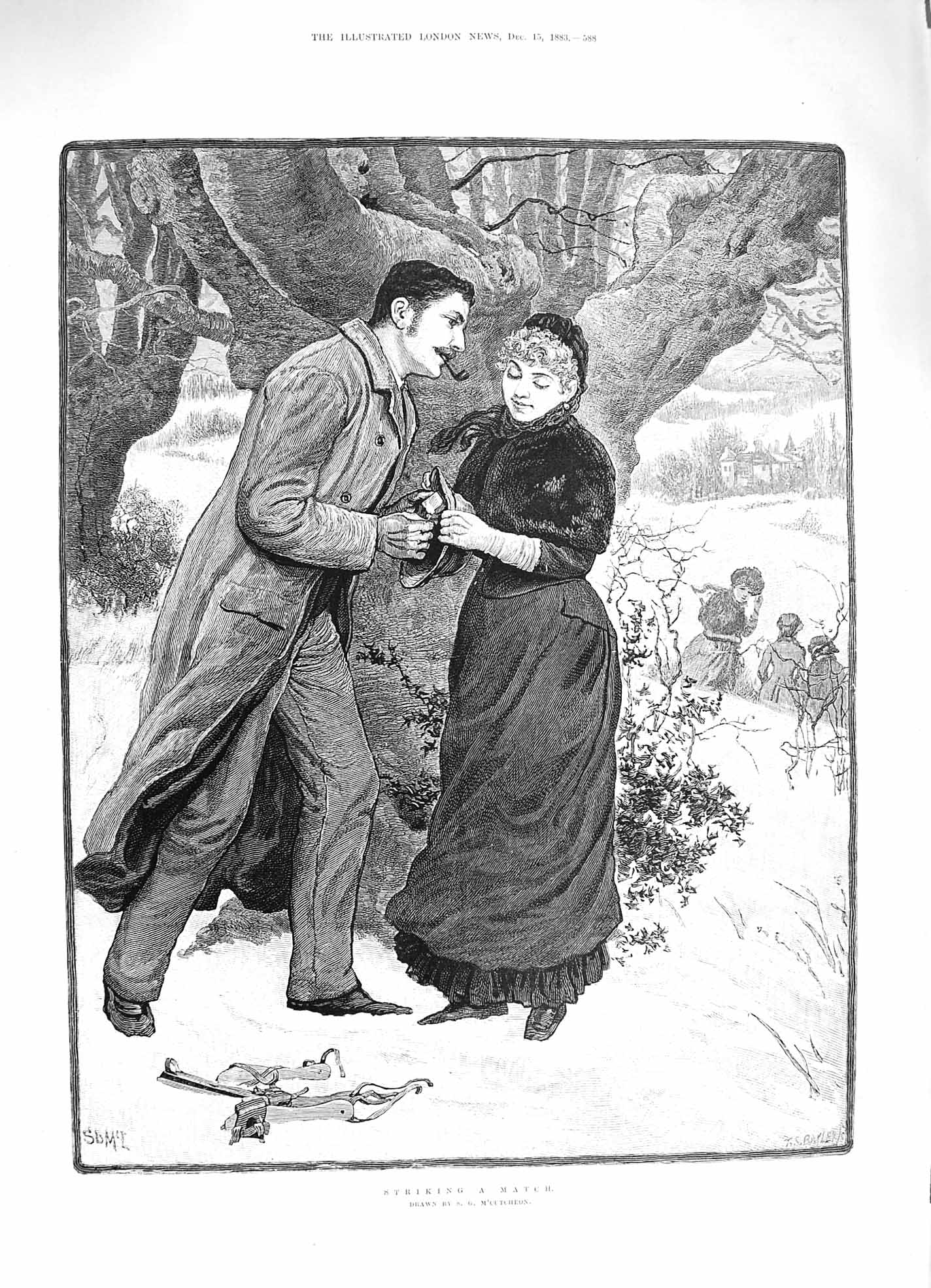 Old Antique Print 1883 Striking Match Man Smoking Pipe Romance Fine Art 19th