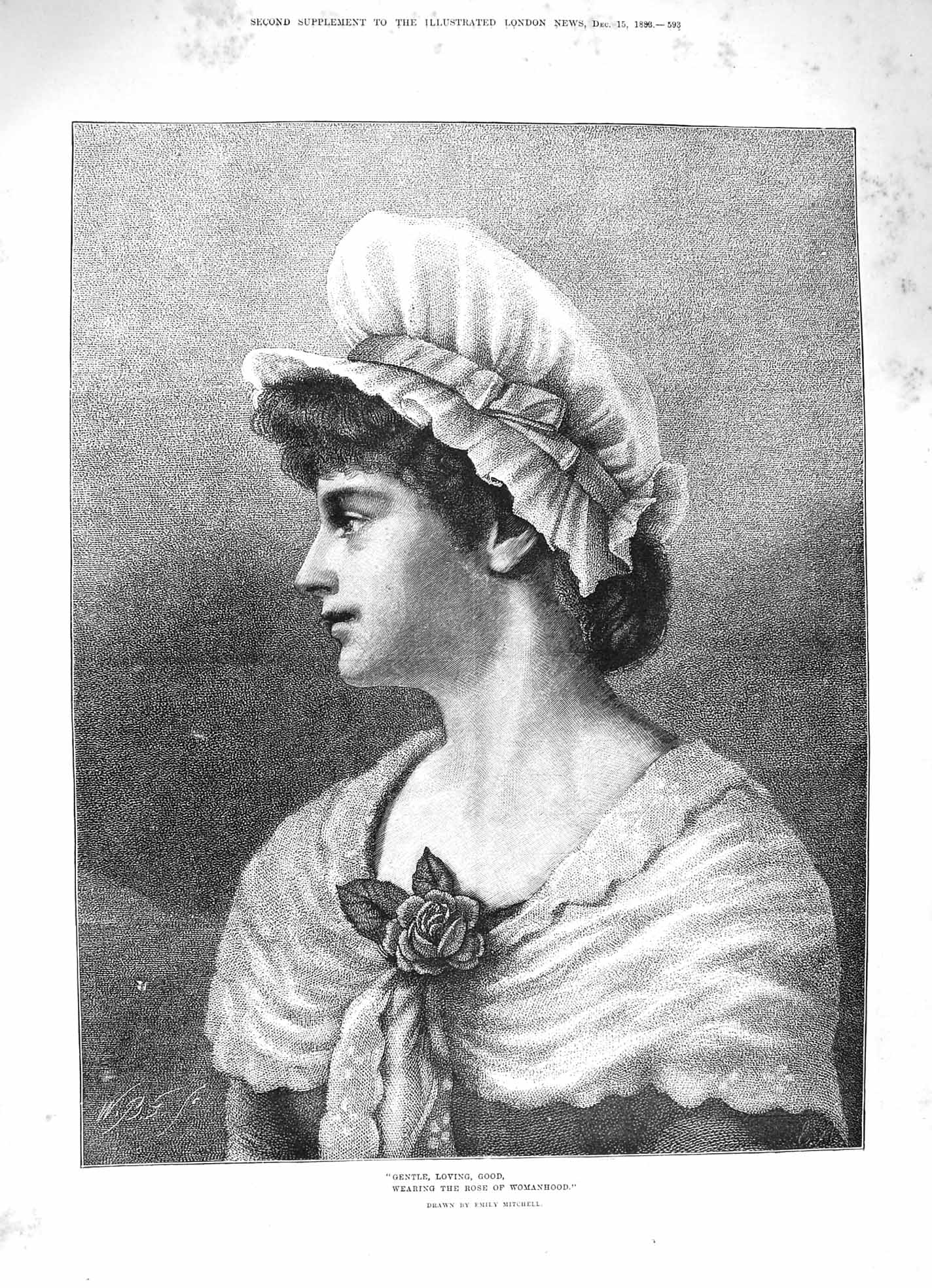 Original Old Antique Print 1883 Portrait Lady Gentle Loving God Rose Womanhood