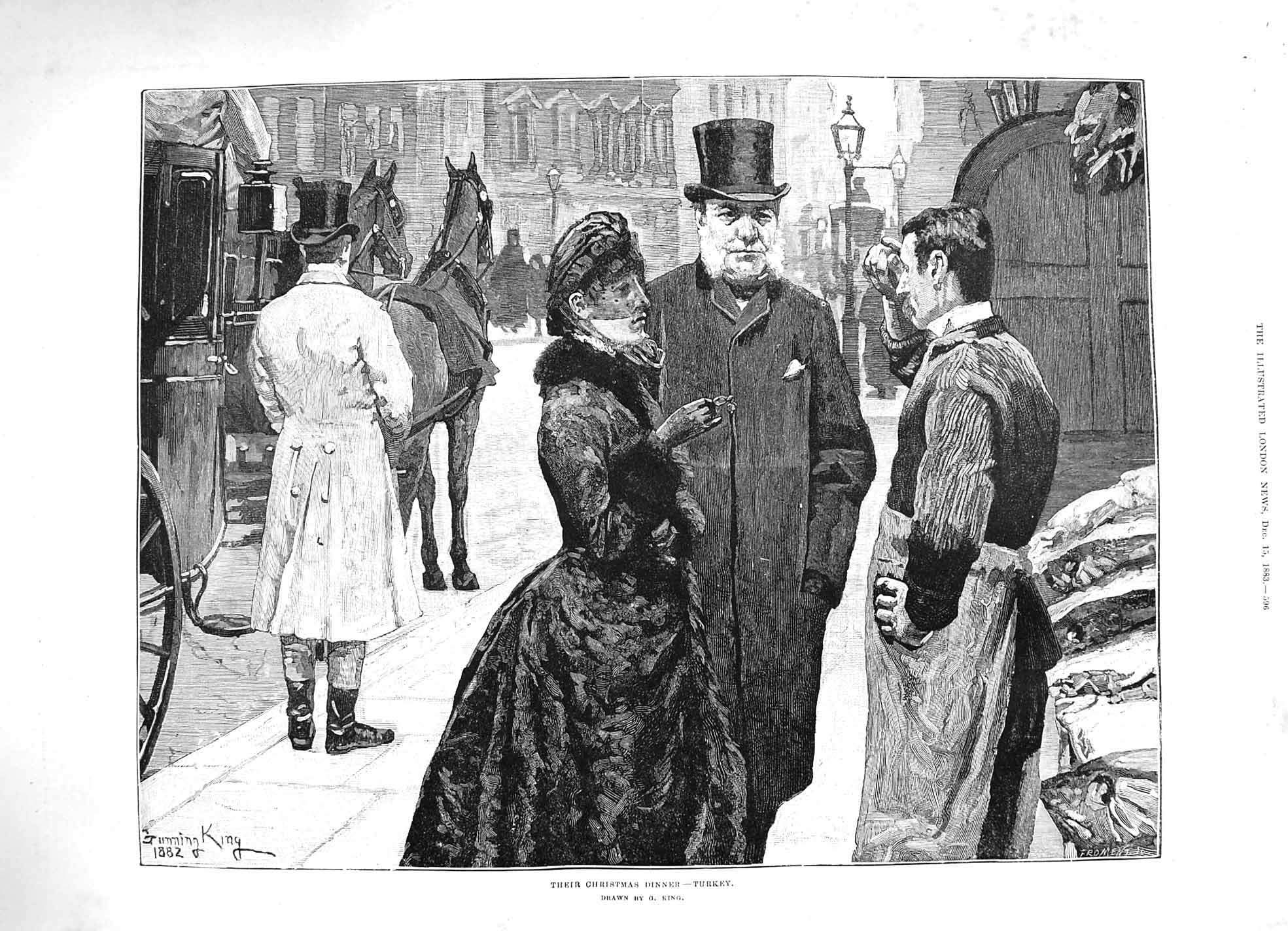 Original Old Antique Print 1883 Christmas Dinner Turkey Street Market Fine Art