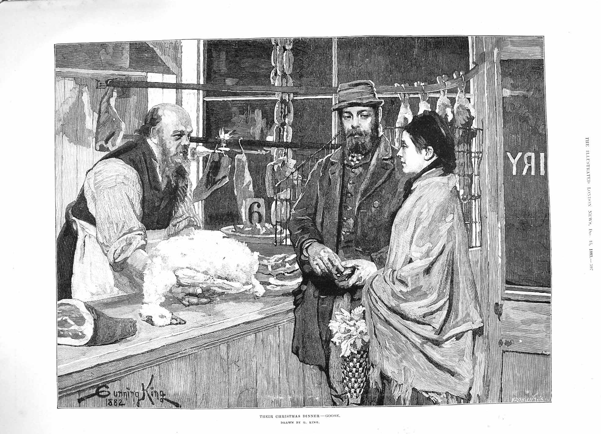 Original Old Antique Print 1883 Christmas Dinner Goose Shop Butcher Shopkeeper