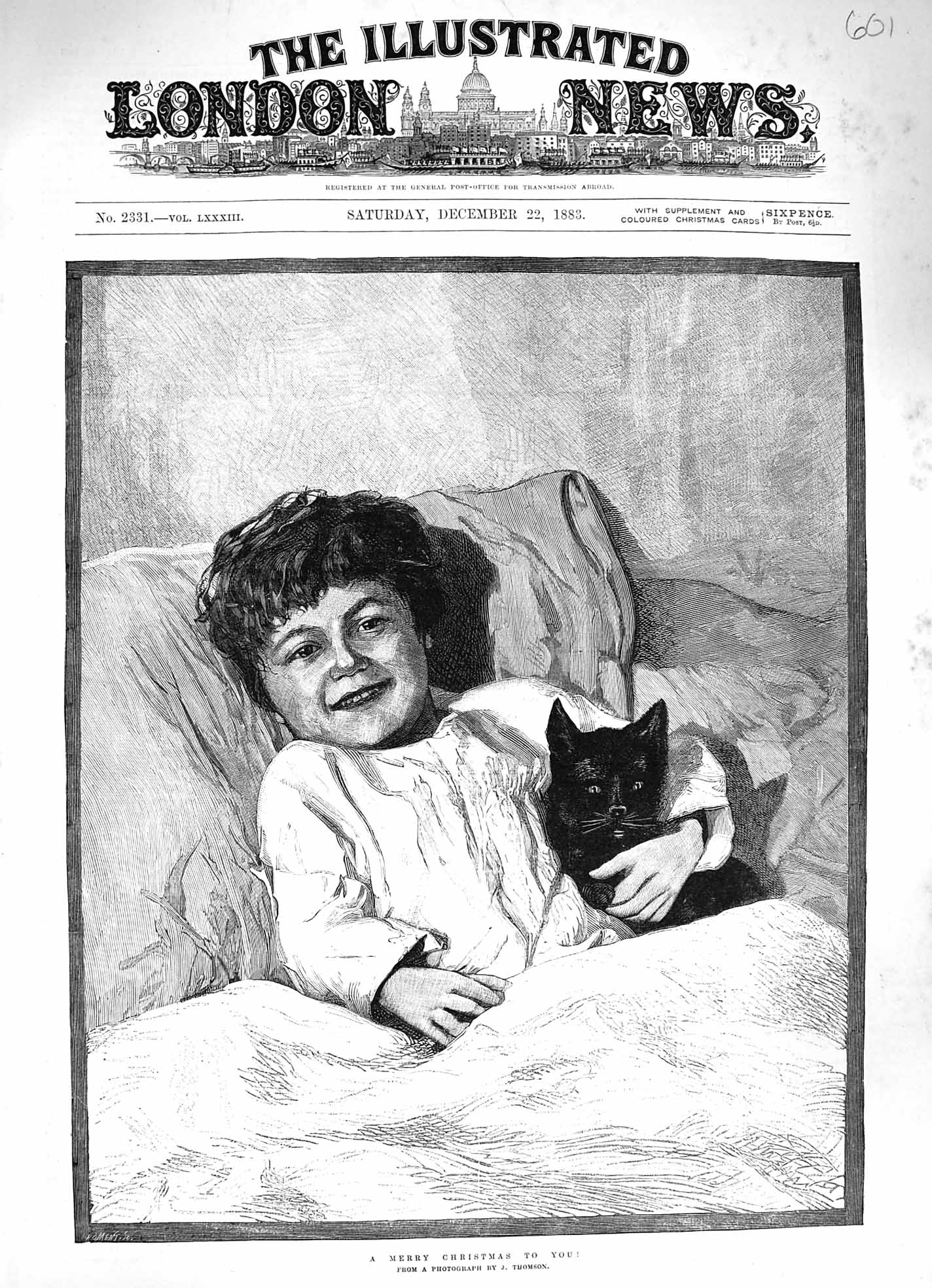 Old Antique Print 1883 Merry Christmas Little Boy Bed Kitten Cat Fine Art 19th
