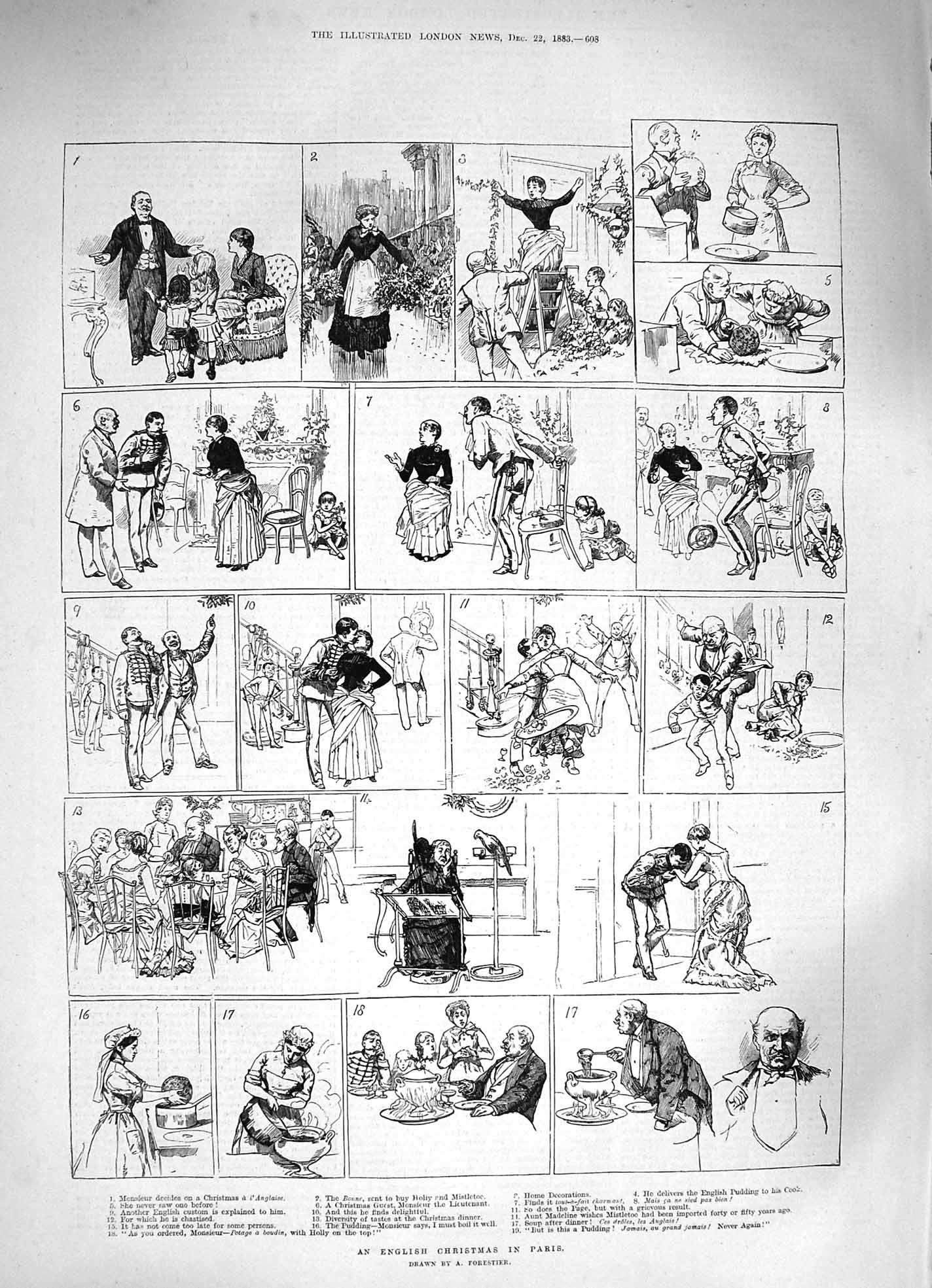 Original Old Antique Print 1883 English Christmas Paris France Romance Mi 19th