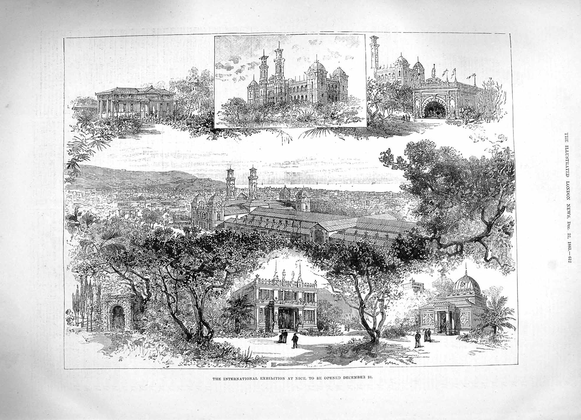 Original Old Antique Print 1883 International Exhibition Buildings Nice France
