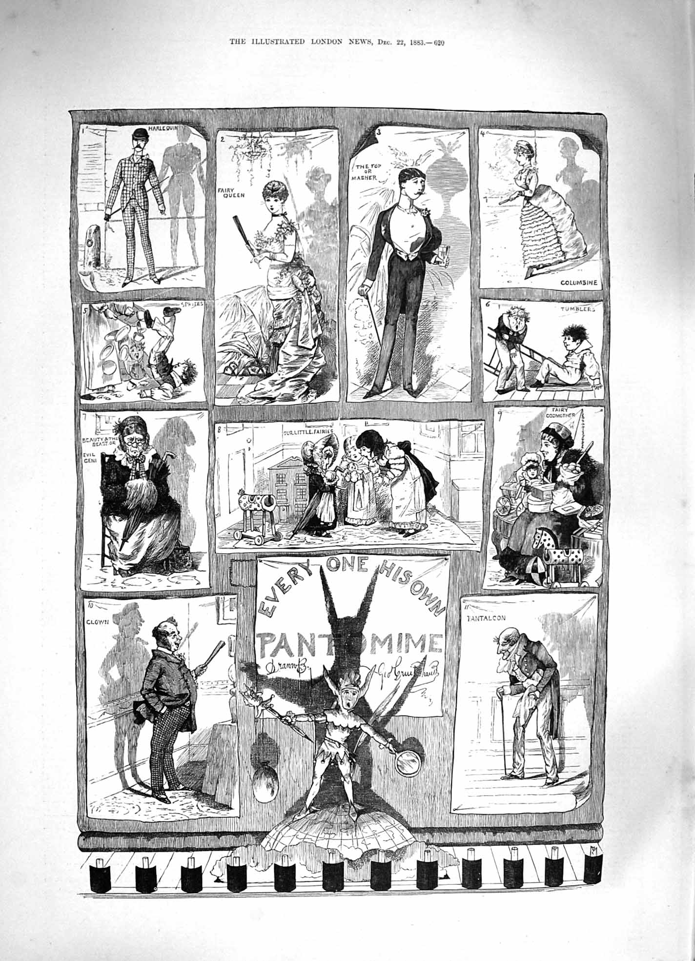 Original Old Antique Print 1883 Pantomime Fairy Queen Godmother Pantaloon Clown