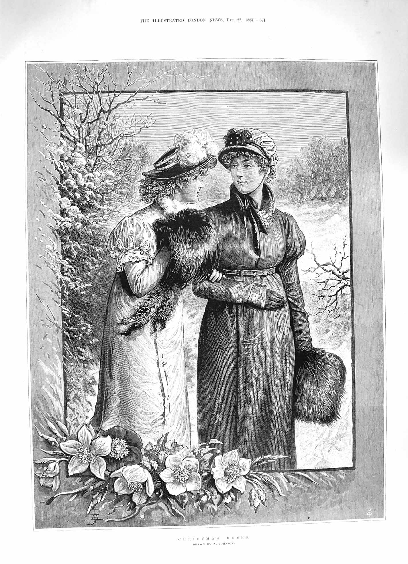 Original Old Antique Print 1883 Christmas Roses Beautiful Girls Fur Johnson
