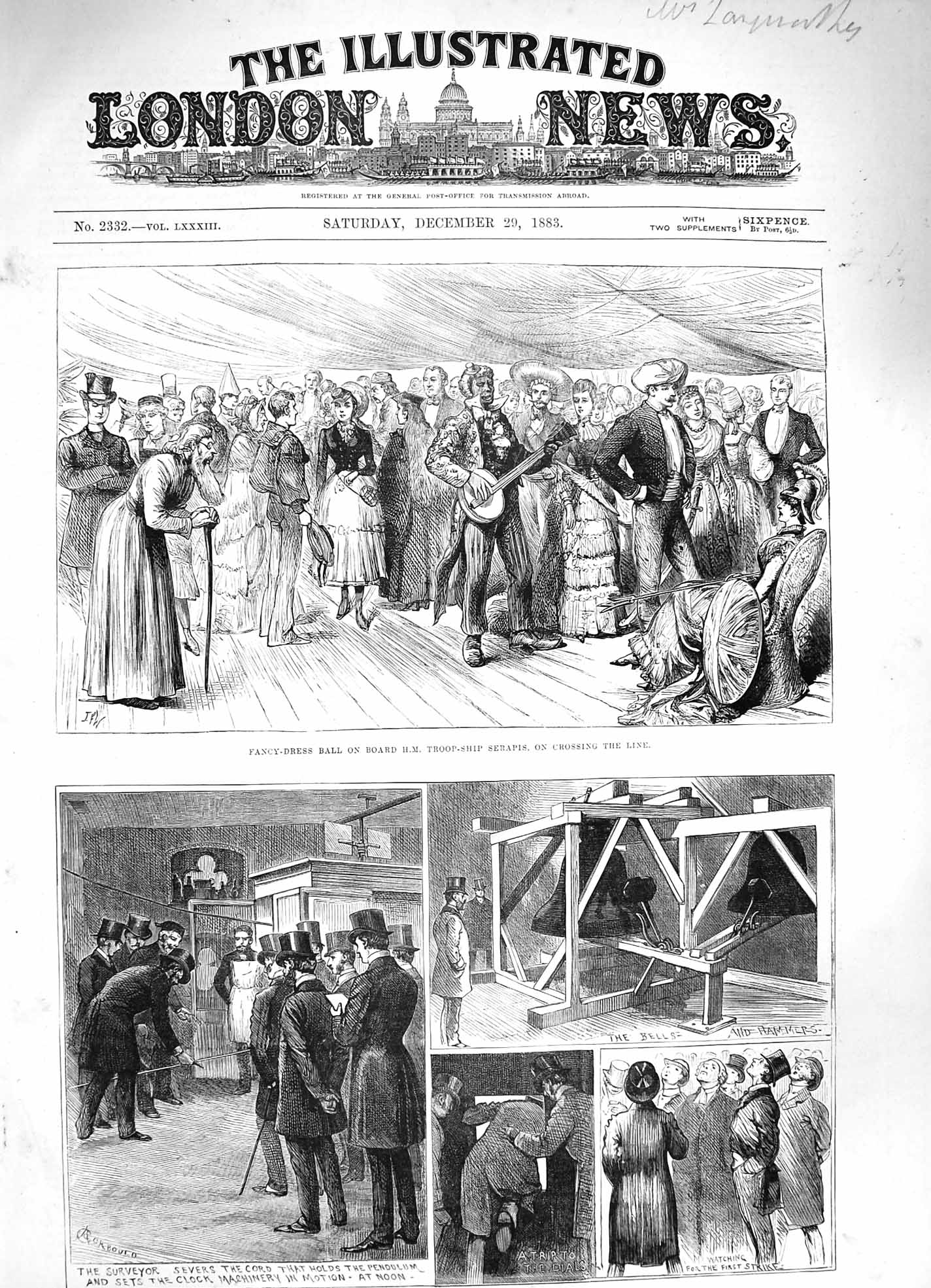 Old Antique Print 1883 Fancy Dress Ship Serapis Clock Bell Courts Justice 19th